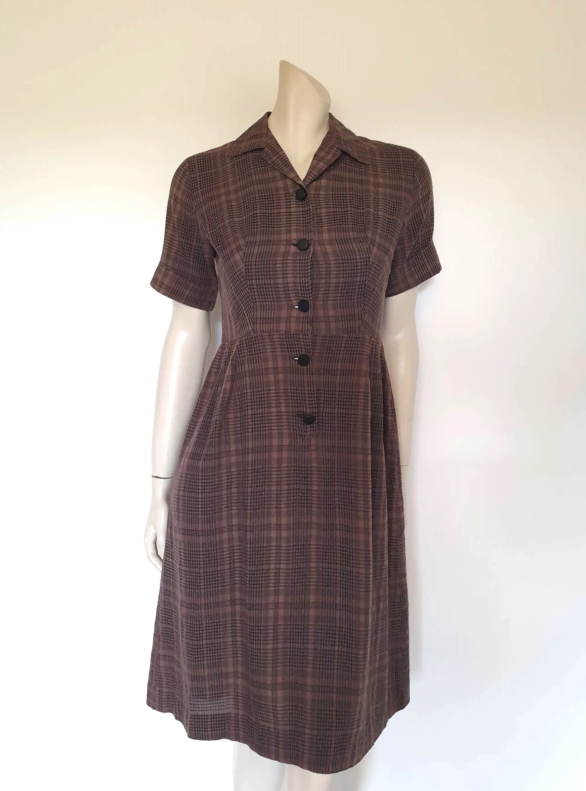 1950s Brown Checked Shirtwaist Dress - S