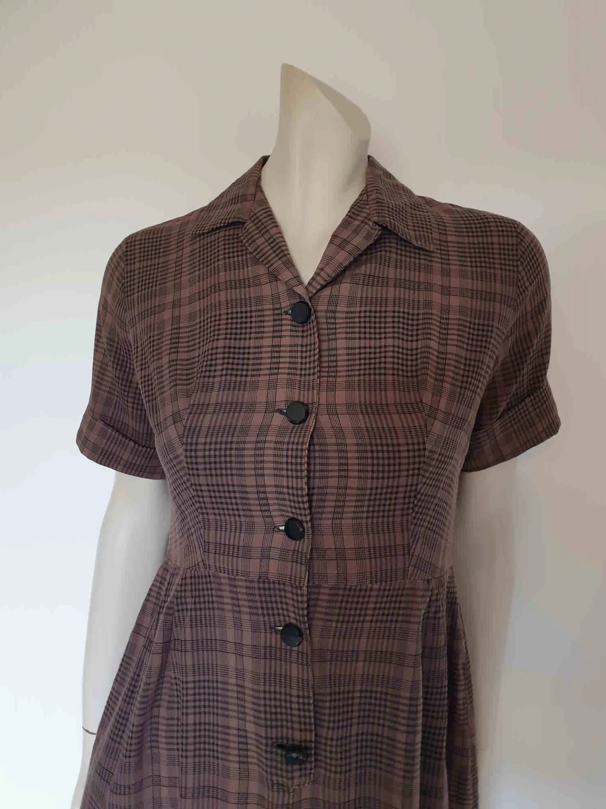 1950s Brown Checked Shirtwaist Dress - S