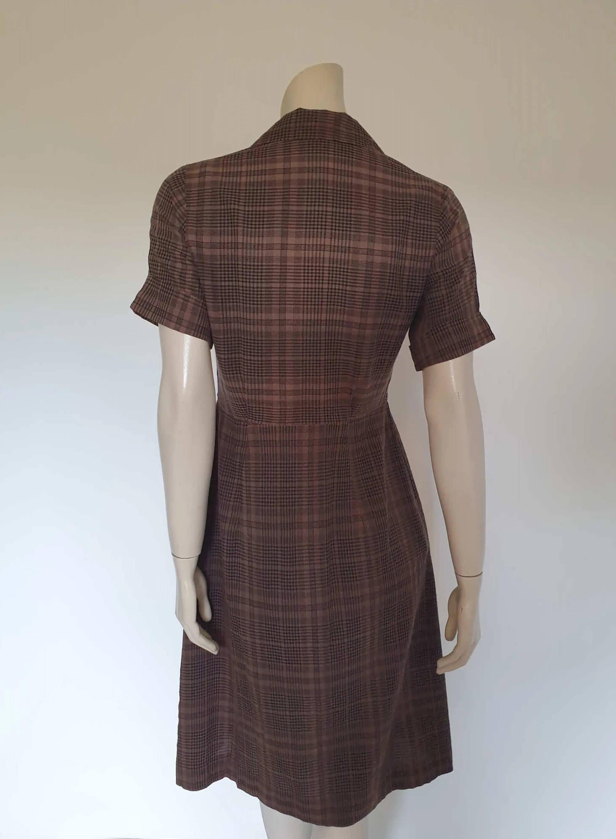 1950s Brown Checked Shirtwaist Dress - S