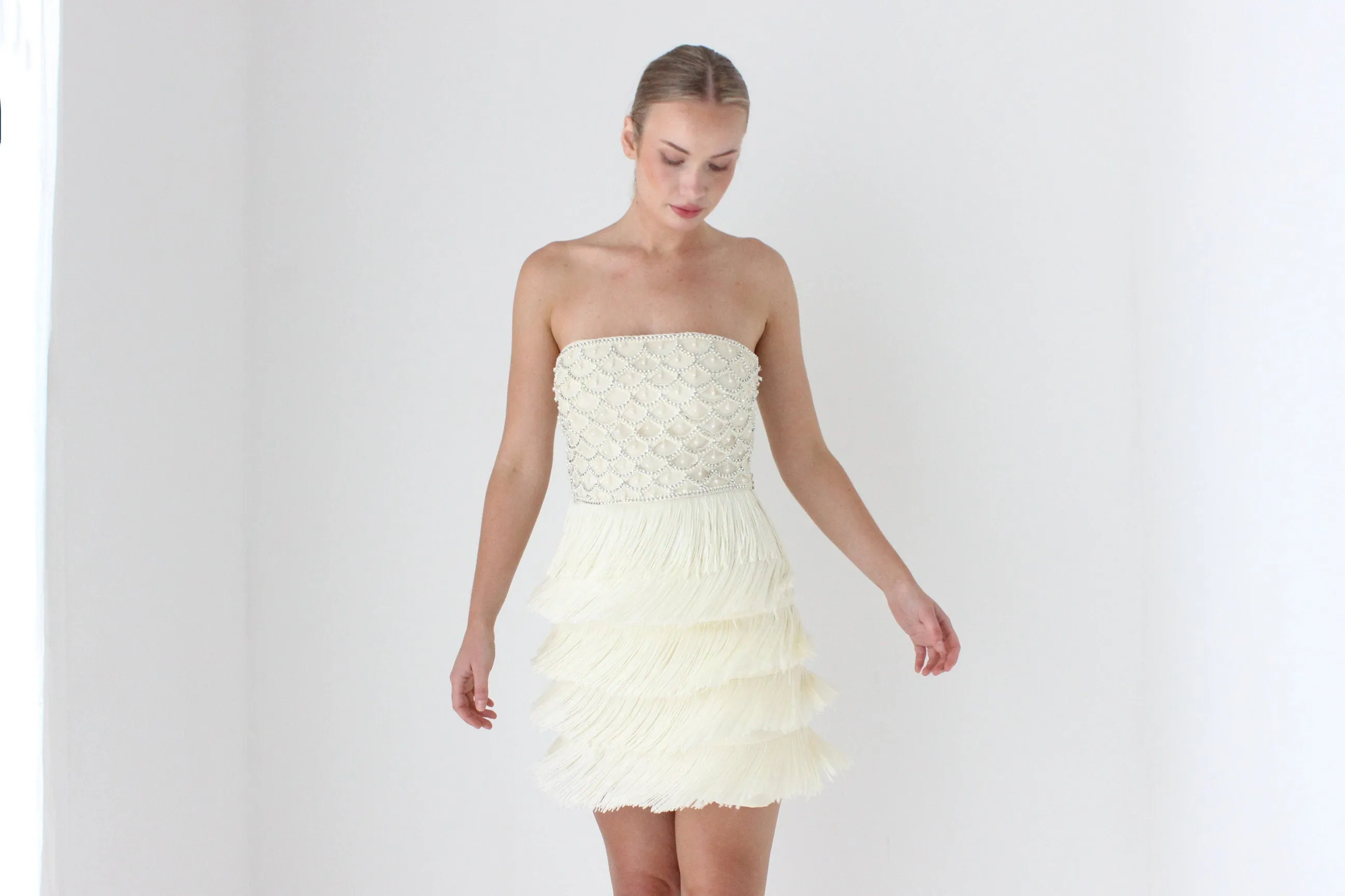 2000s Designer Cocktail Dress w/ Pearl Beading & Fringe
