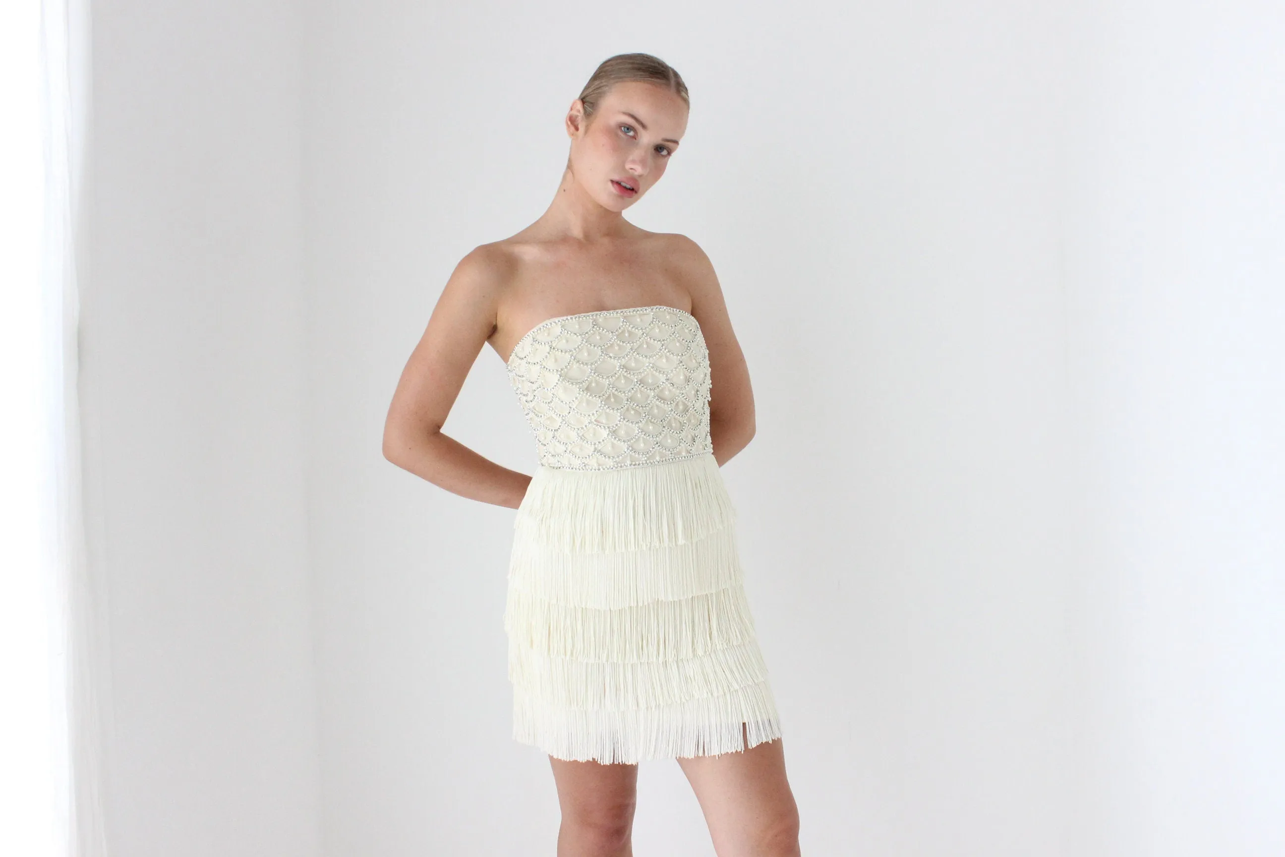 2000s Designer Cocktail Dress w/ Pearl Beading & Fringe