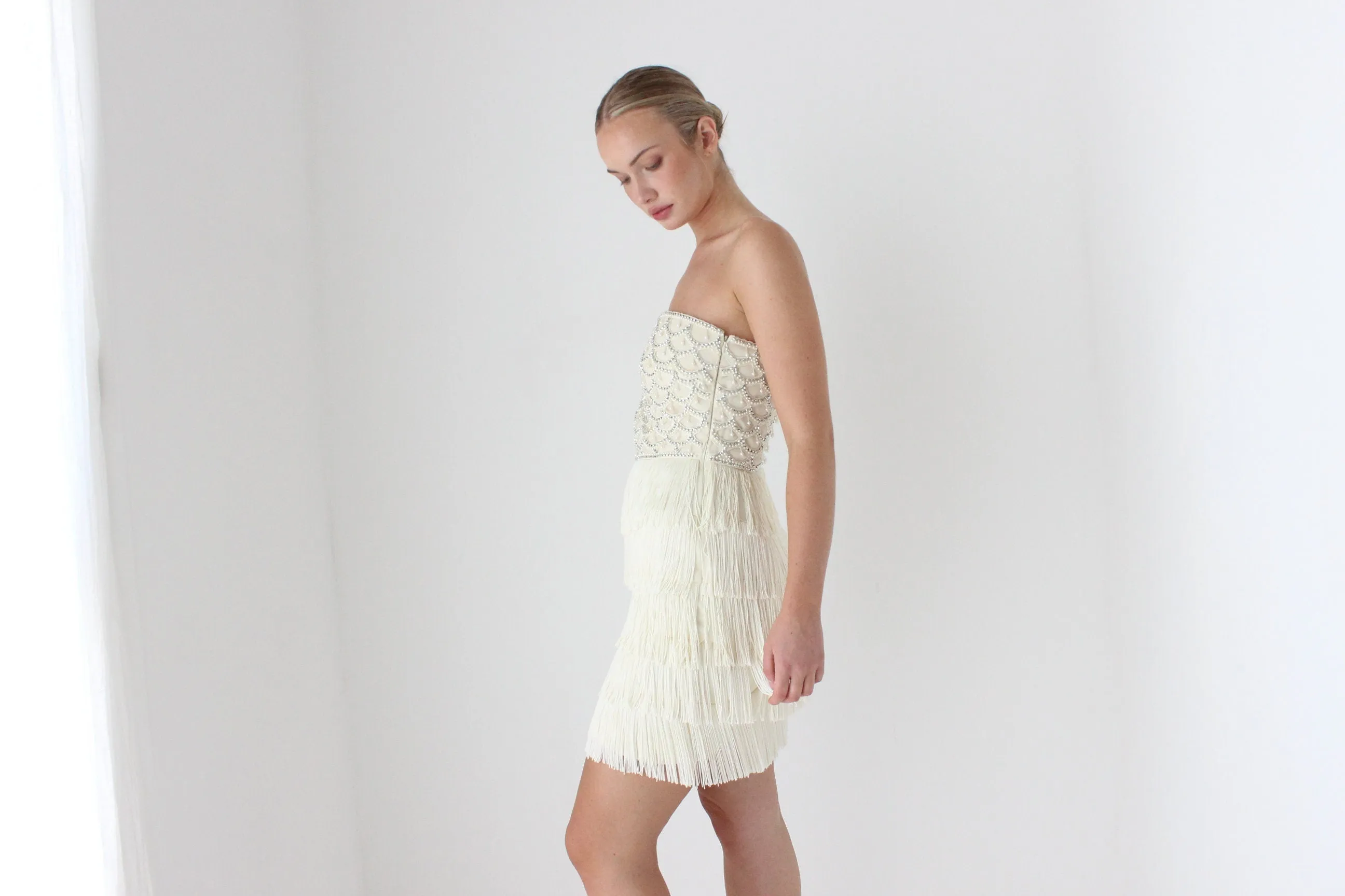 2000s Designer Cocktail Dress w/ Pearl Beading & Fringe
