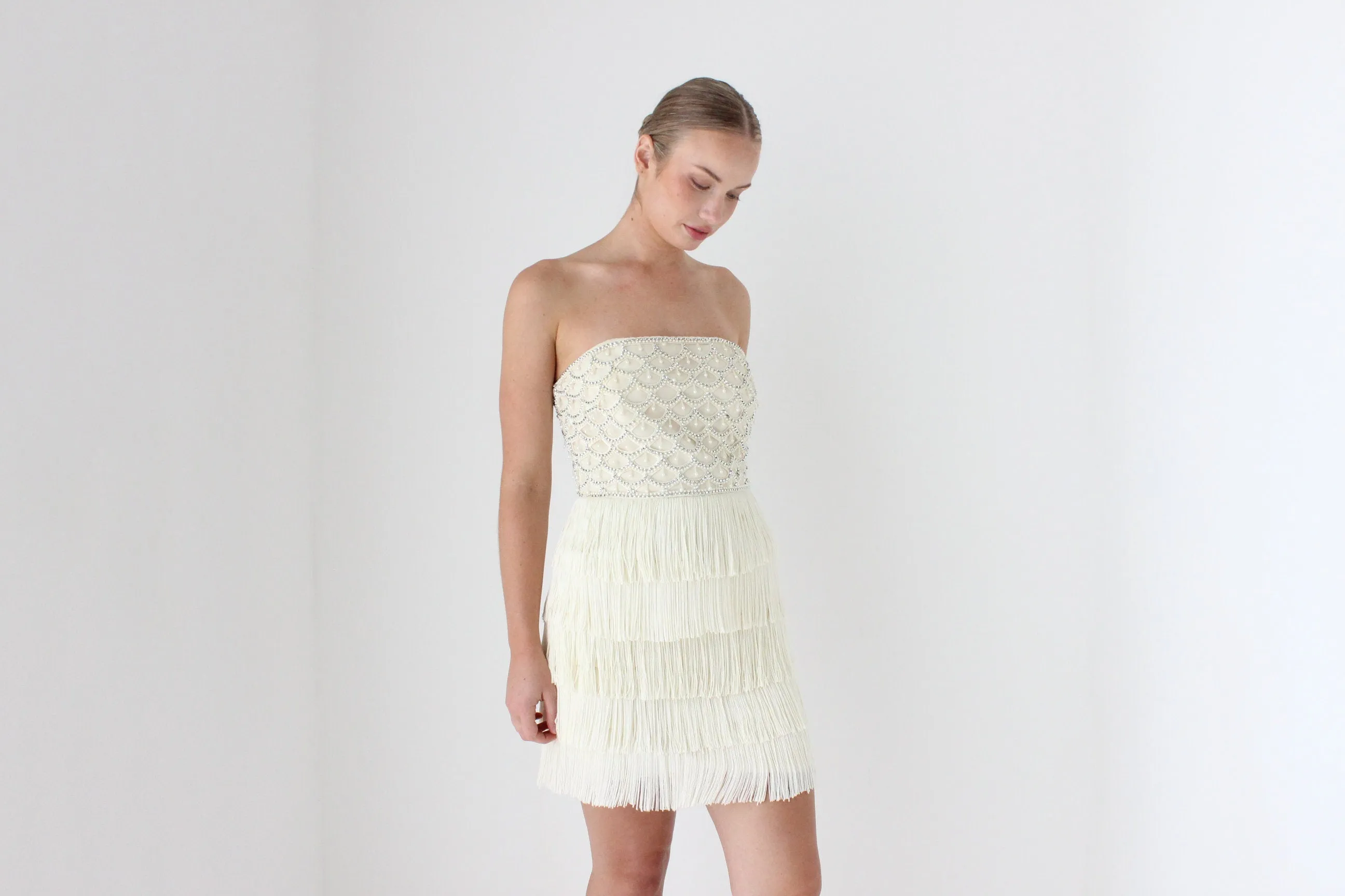 2000s Designer Cocktail Dress w/ Pearl Beading & Fringe