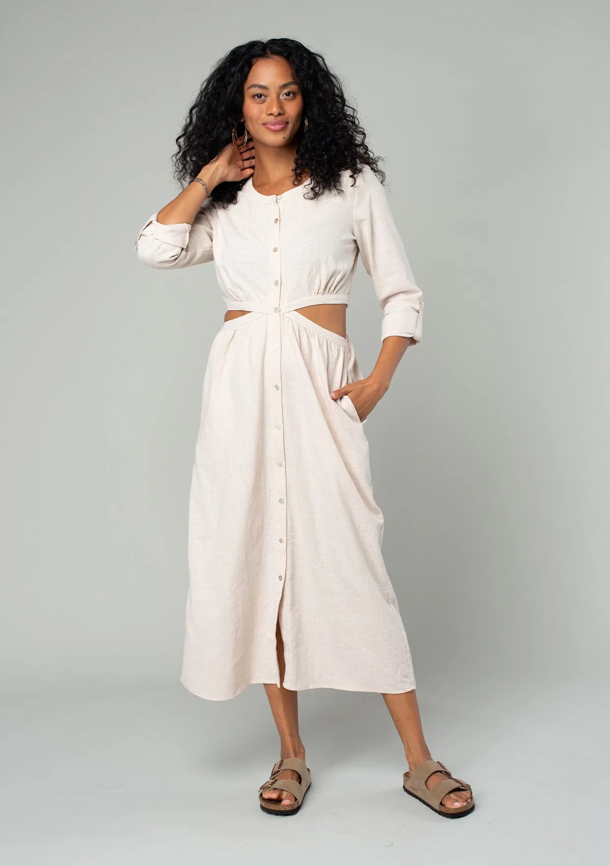 3/4 Sleeve Button Down Cut Out Midi Dress