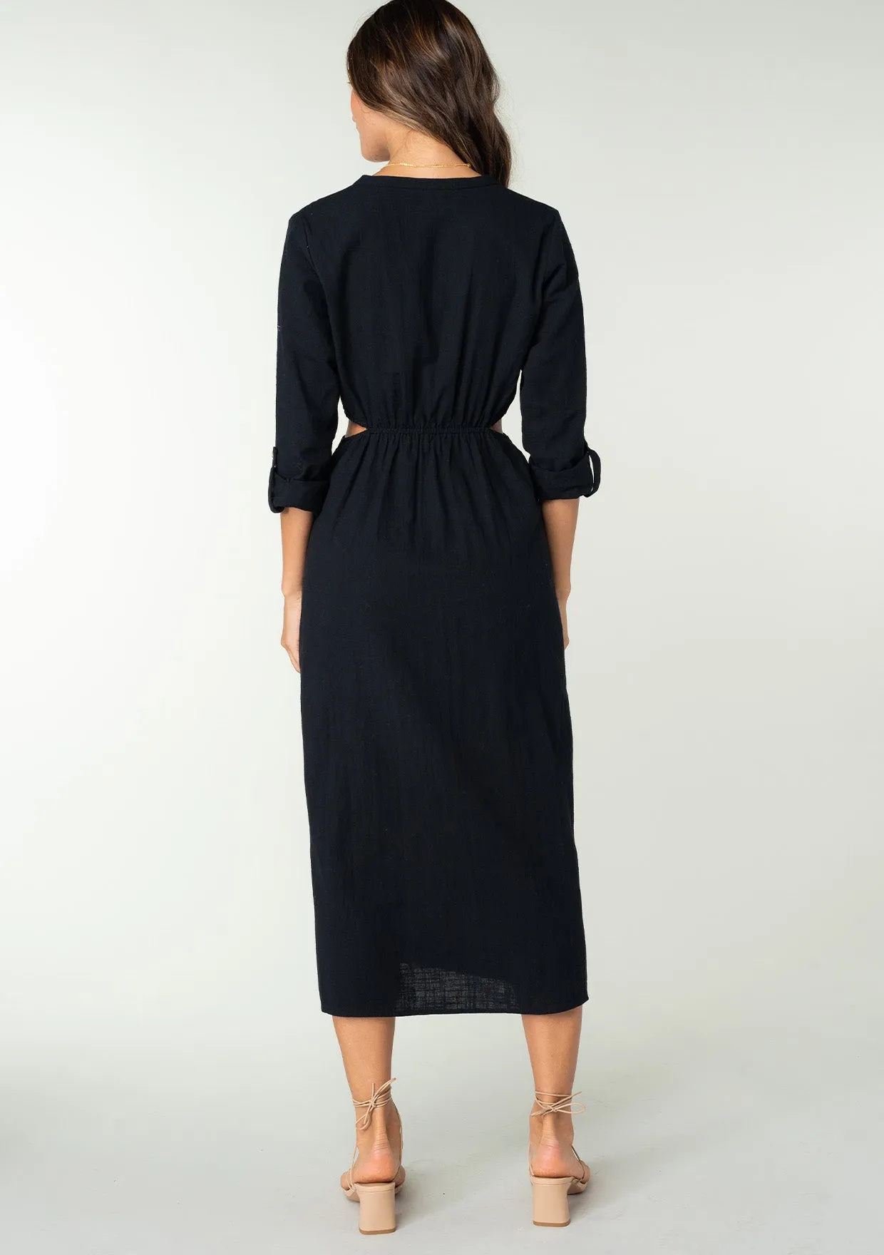 3/4 Sleeve Button Down Cut Out Midi Dress