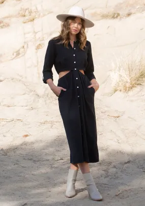 3/4 Sleeve Button Down Cut Out Midi Dress
