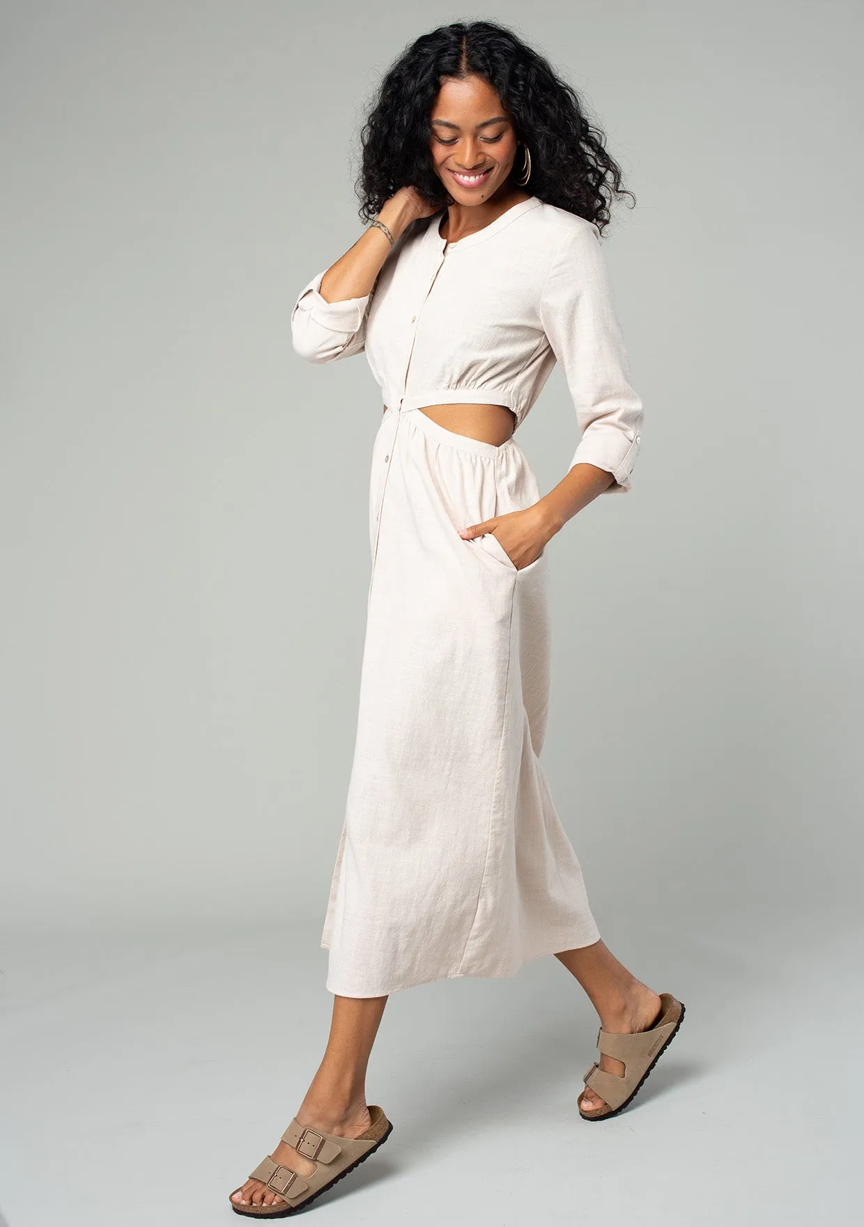 3/4 Sleeve Button Down Cut Out Midi Dress