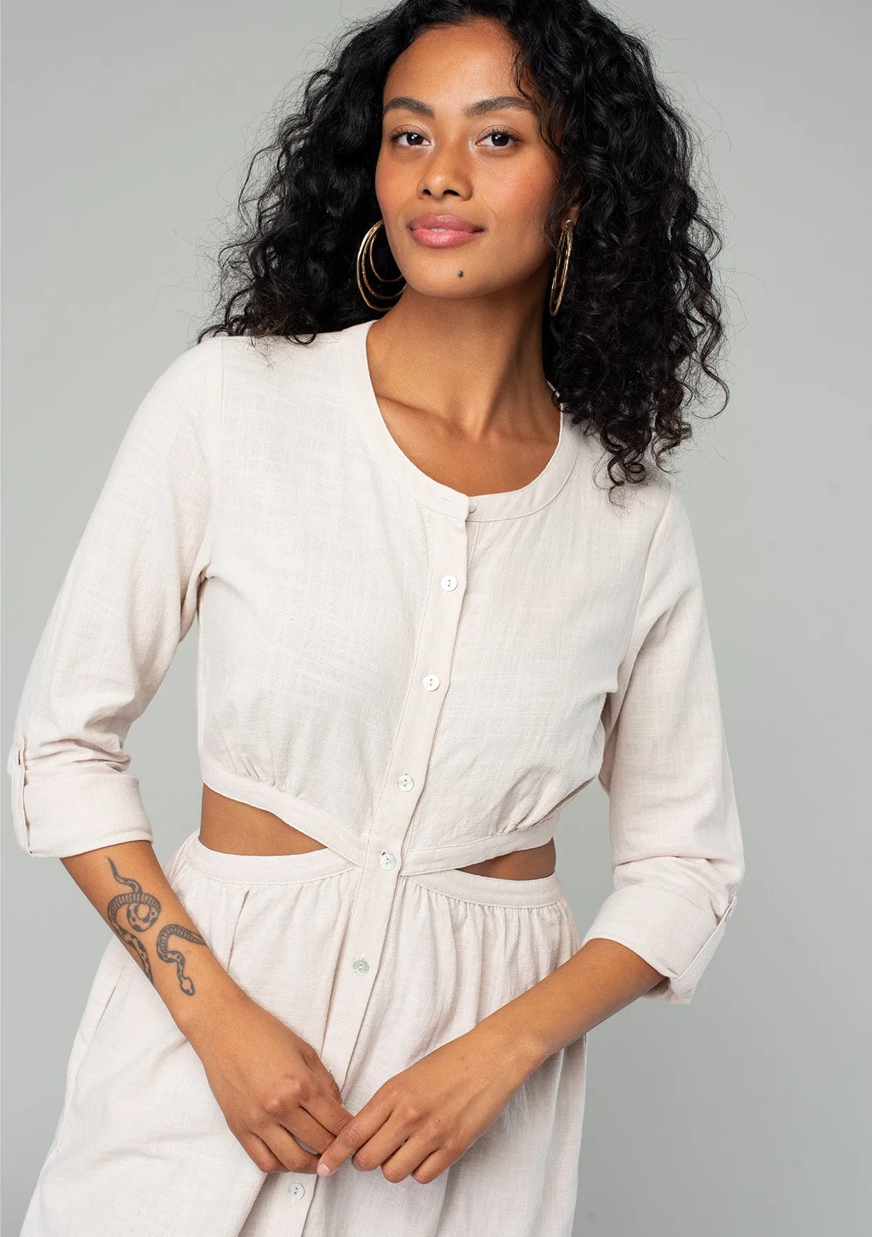 3/4 Sleeve Button Down Cut Out Midi Dress