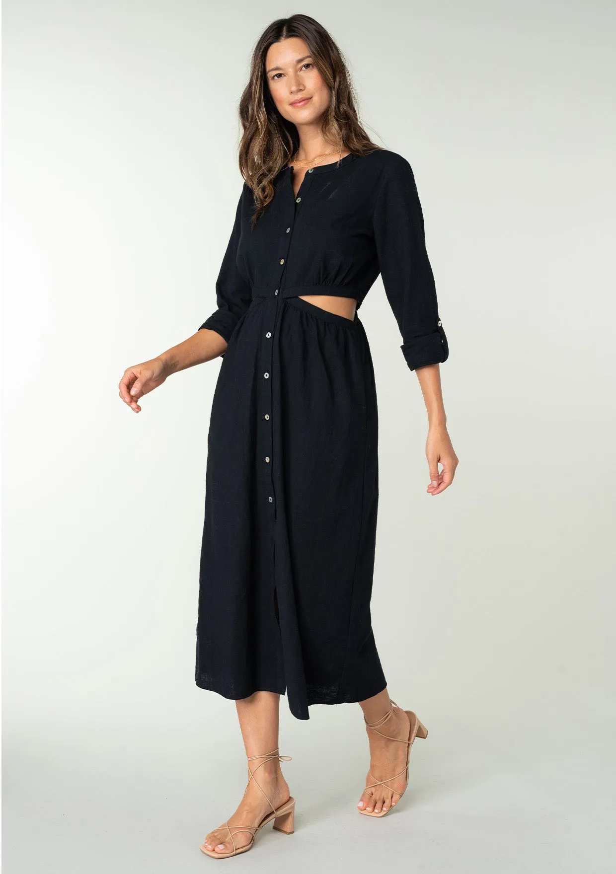 3/4 Sleeve Button Down Cut Out Midi Dress