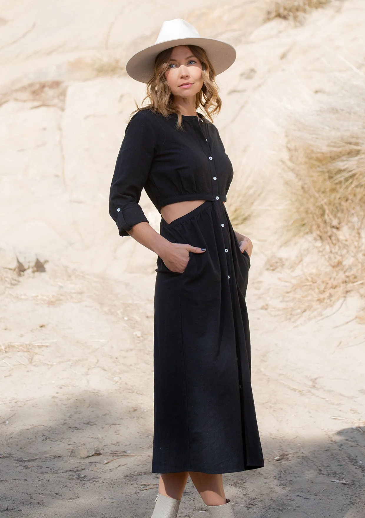 3/4 Sleeve Button Down Cut Out Midi Dress