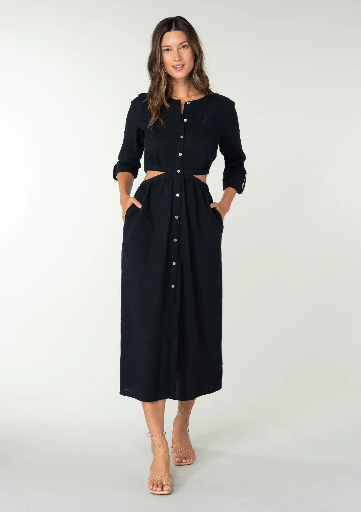 3/4 Sleeve Button Down Cut Out Midi Dress
