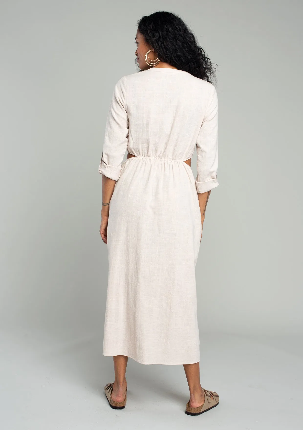 3/4 Sleeve Button Down Cut Out Midi Dress