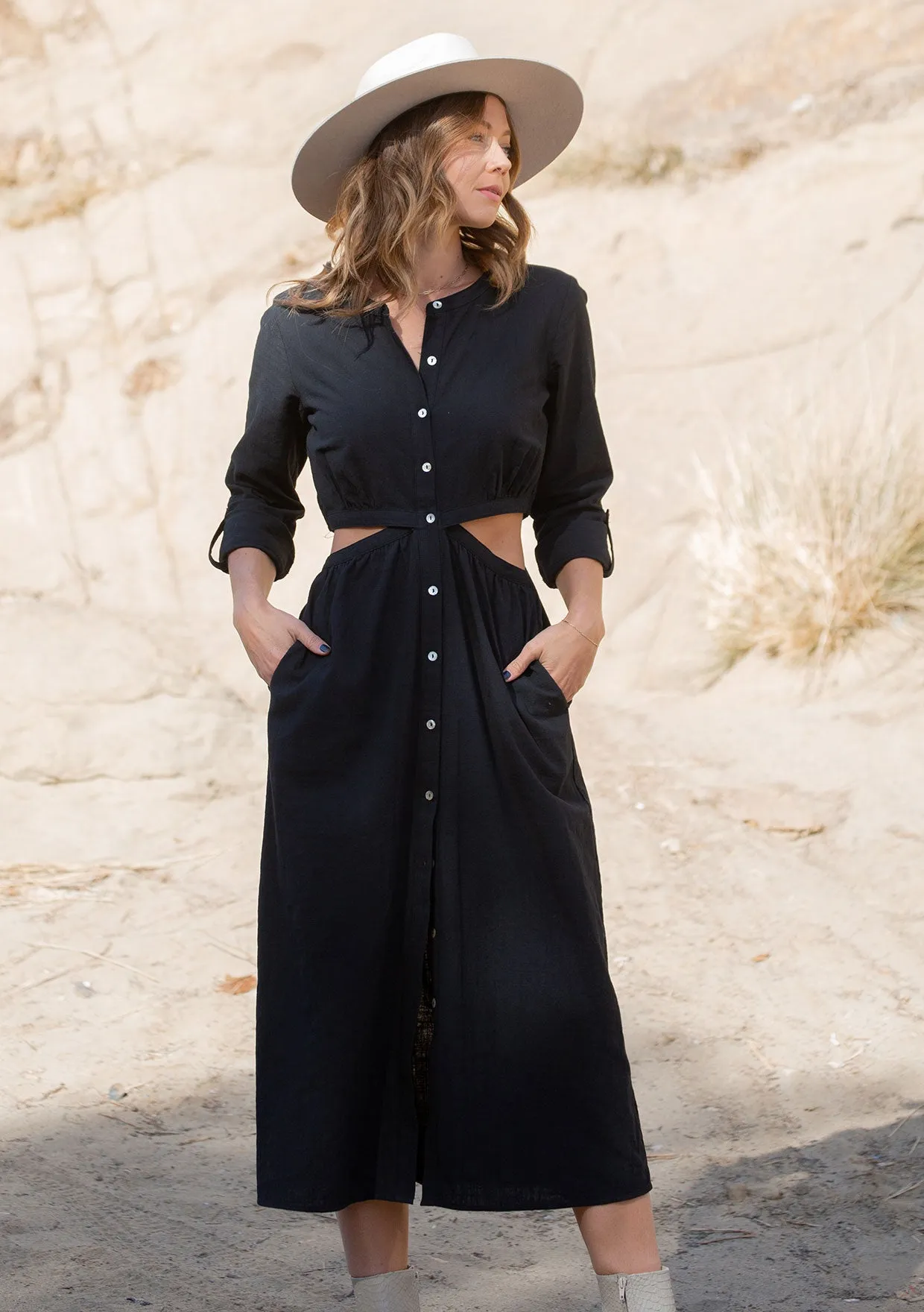 3/4 Sleeve Button Down Cut Out Midi Dress