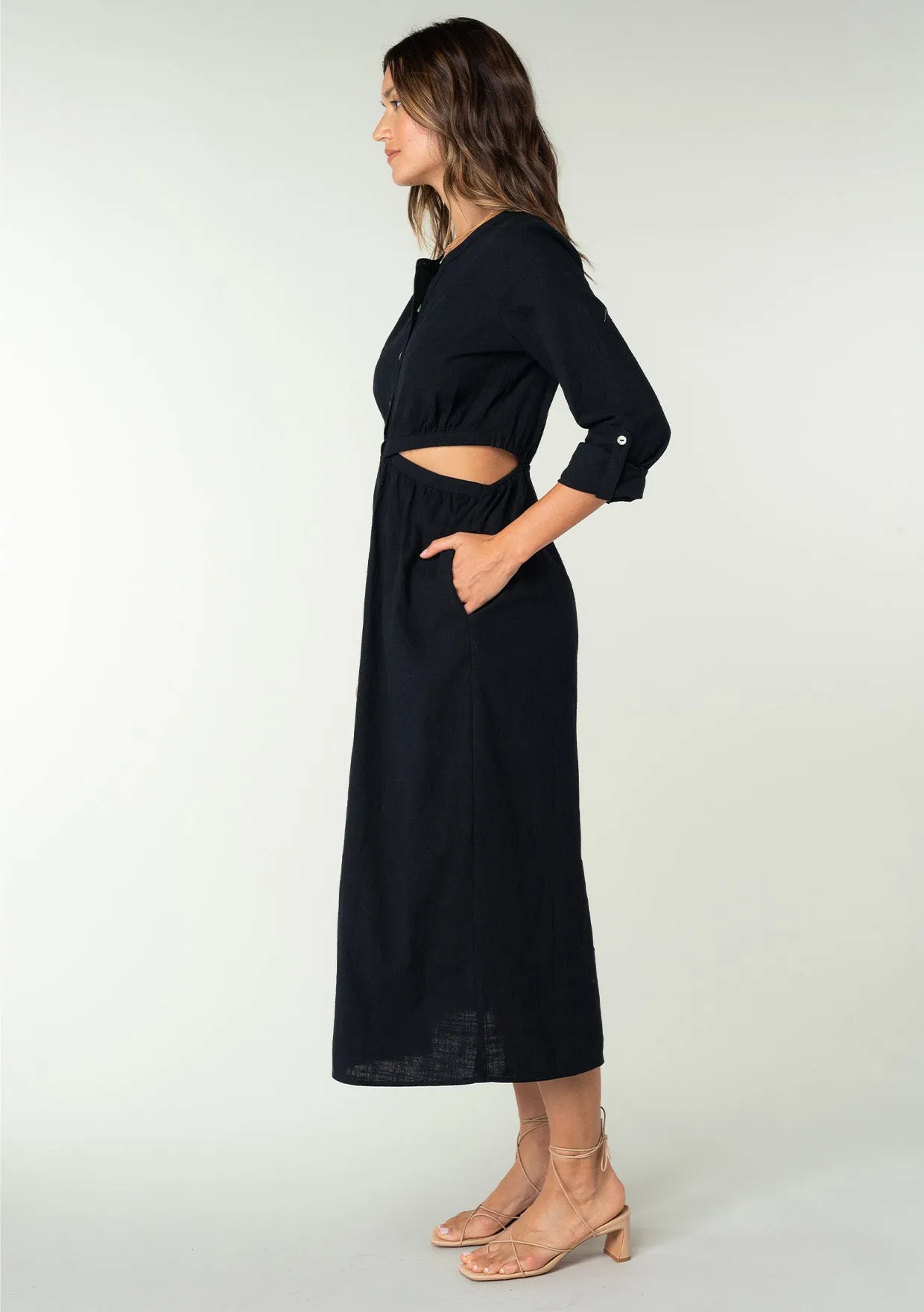 3/4 Sleeve Button Down Cut Out Midi Dress