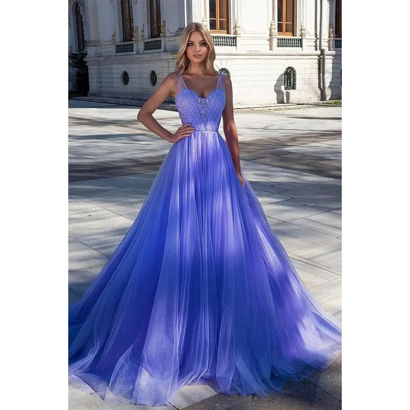 A-line Sweetheart Lavender Beaded Appliques Long Prom Dress Pageant Dress
