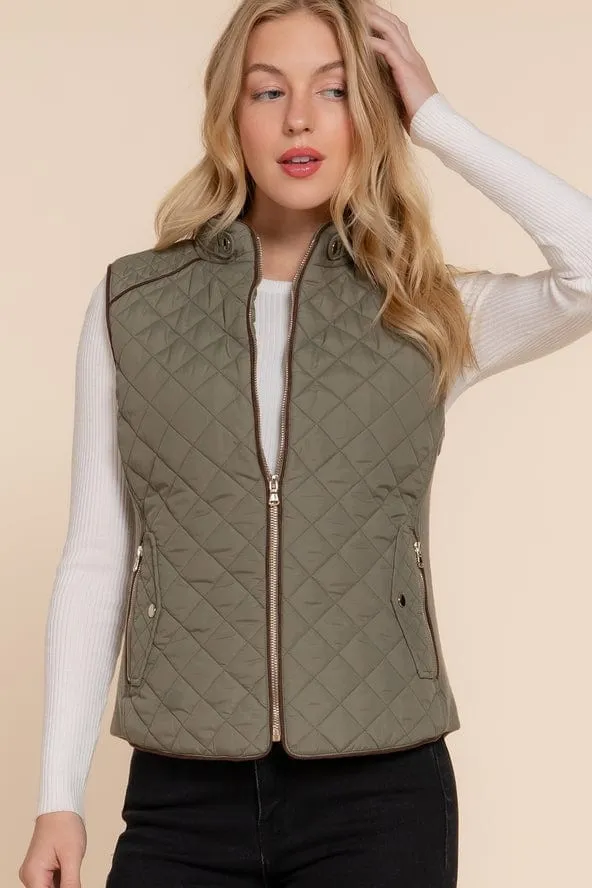 Active Basic Quilted Zip-up Vest in Olive