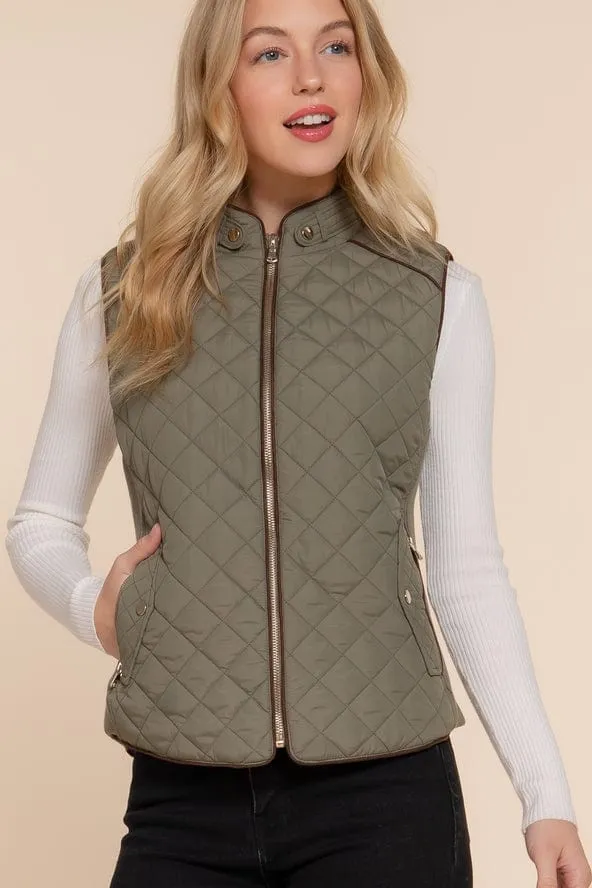 Active Basic Quilted Zip-up Vest in Olive