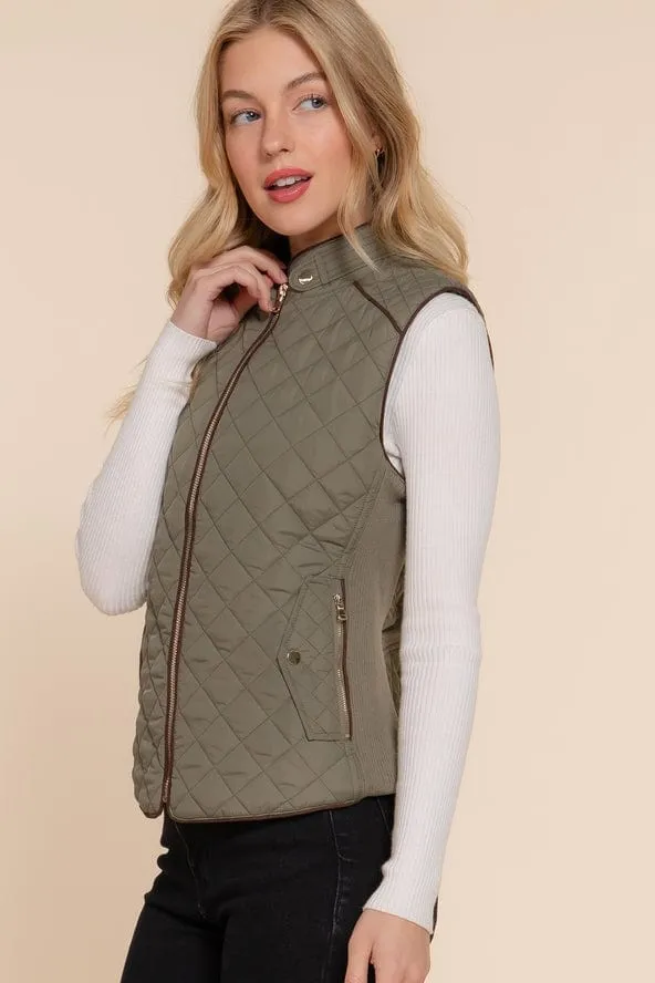 Active Basic Quilted Zip-up Vest in Olive