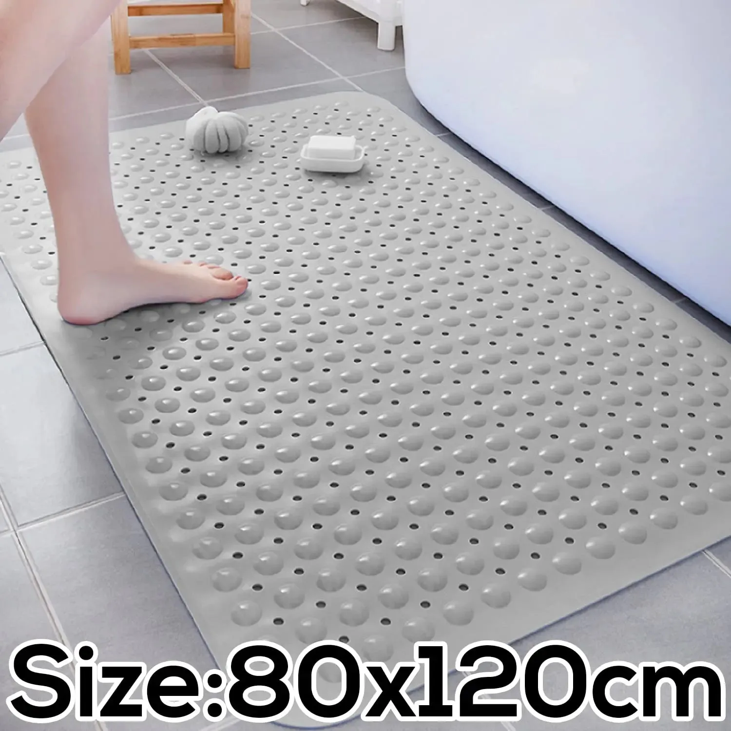 Anti-Slip Shower Mat for Bathroom Floor Grey, 80x120 cm (Soft-Pebble)