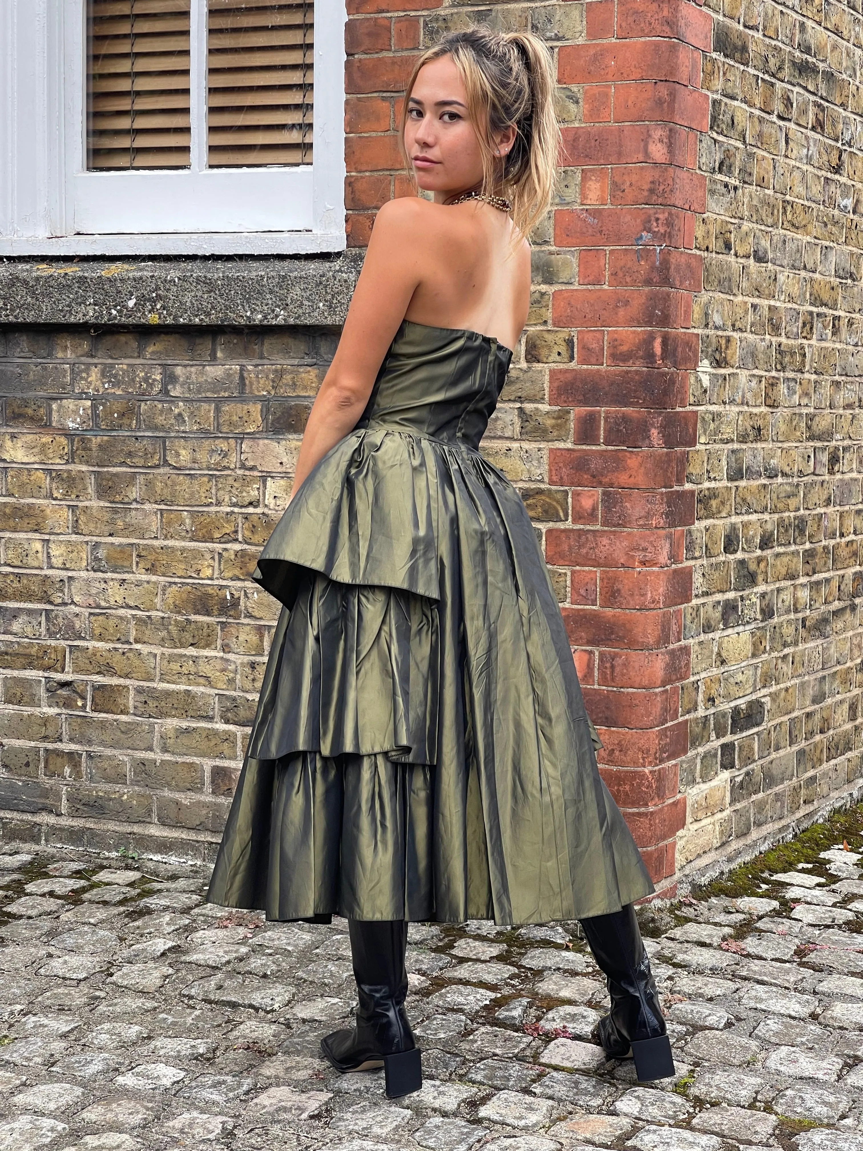 ARCHIVE - 1980s Katerina Strapless Olive Green Taffeta Dress