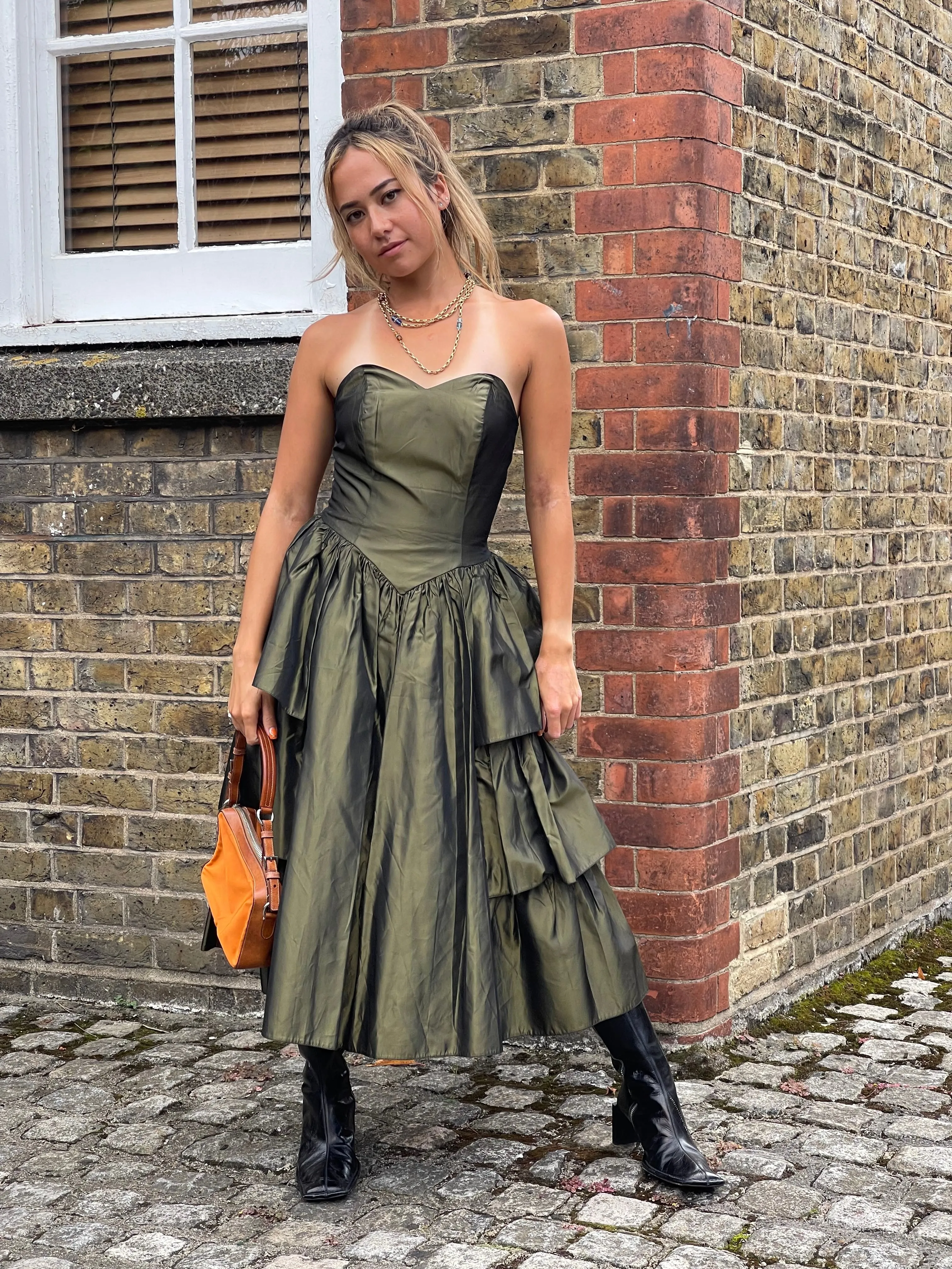 ARCHIVE - 1980s Katerina Strapless Olive Green Taffeta Dress