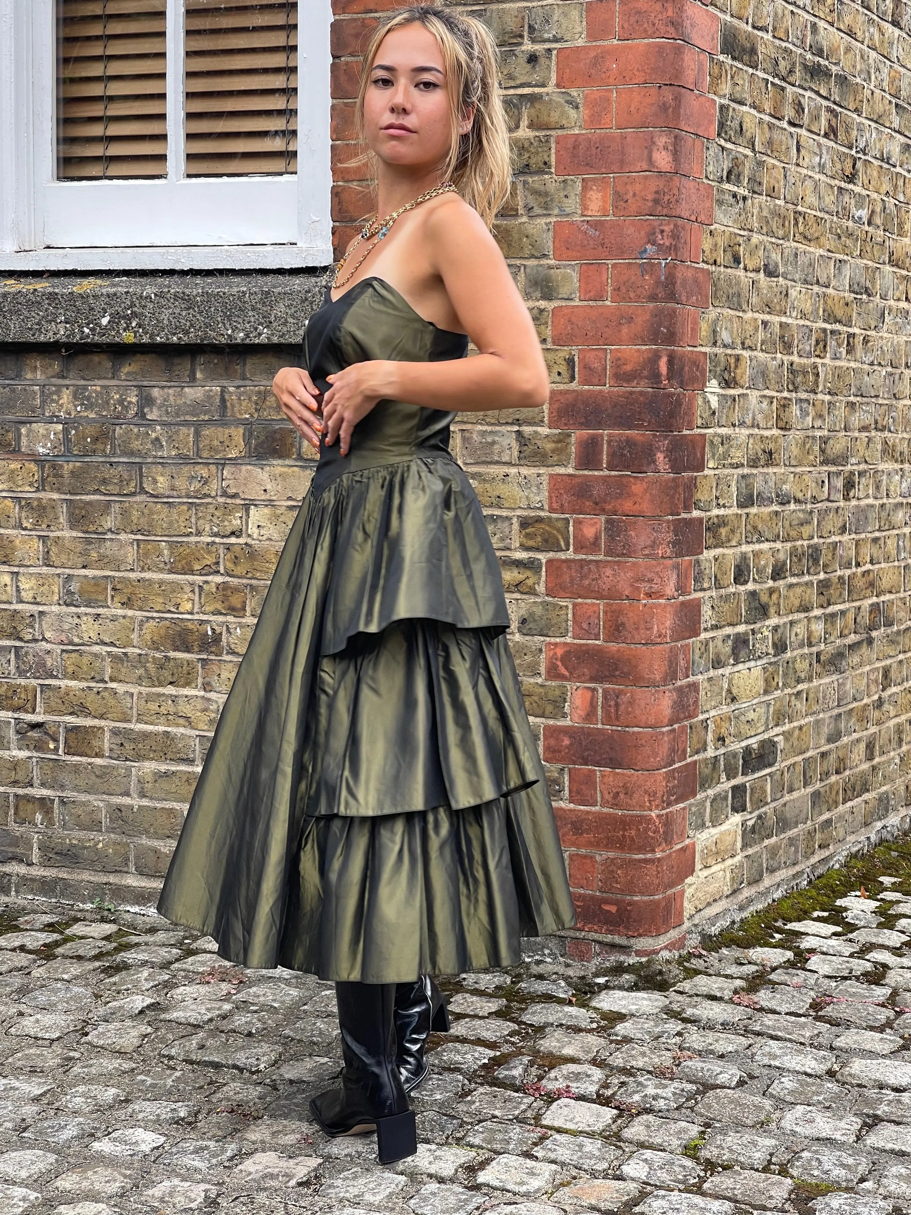 ARCHIVE - 1980s Katerina Strapless Olive Green Taffeta Dress