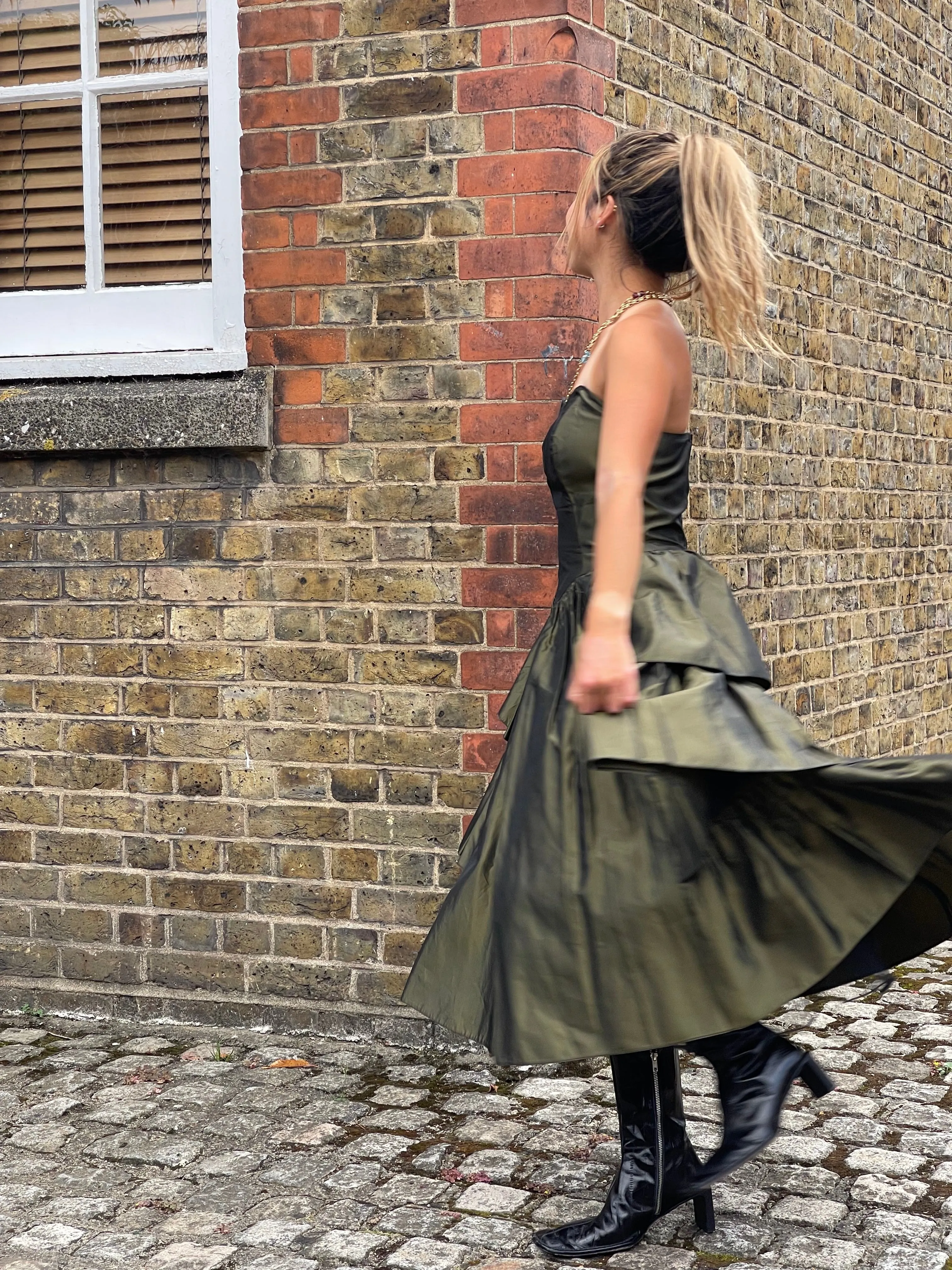 ARCHIVE - 1980s Katerina Strapless Olive Green Taffeta Dress