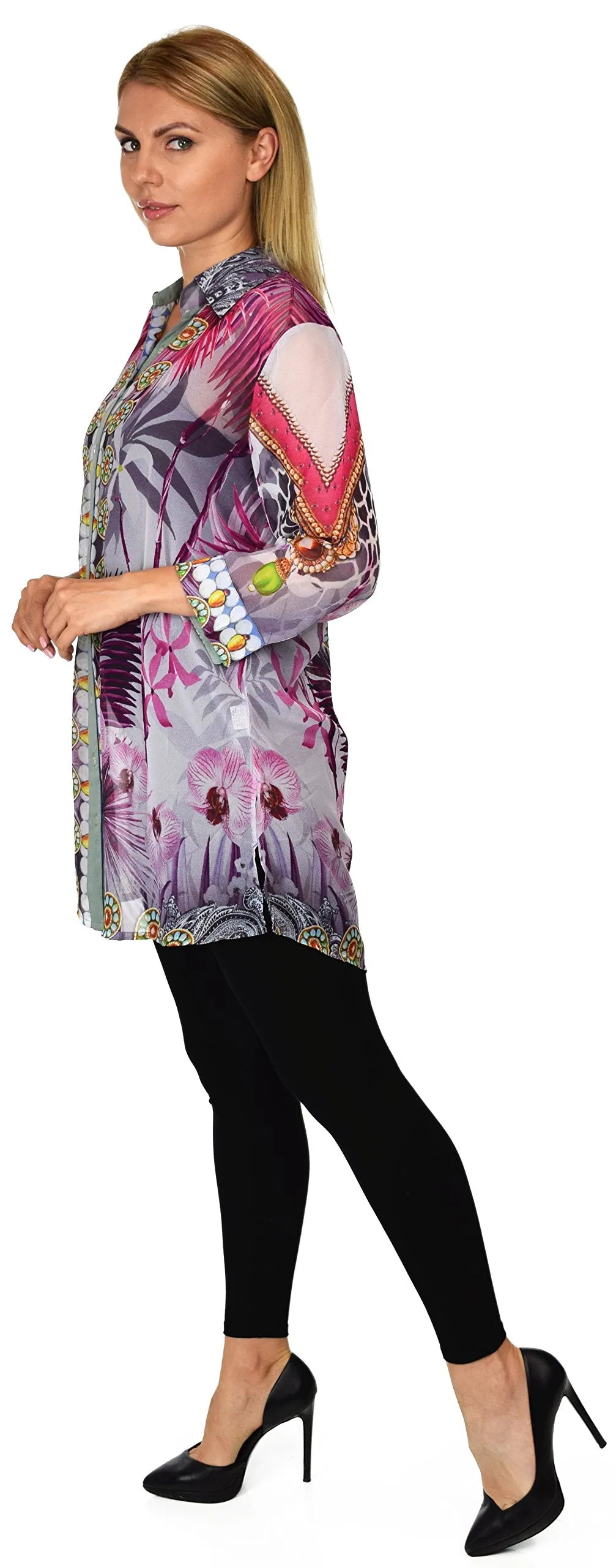 Artsy Semi Sheer Blouse, Chiffon Blouse,Button Down Blouse, Collared Exotic Print Shirt