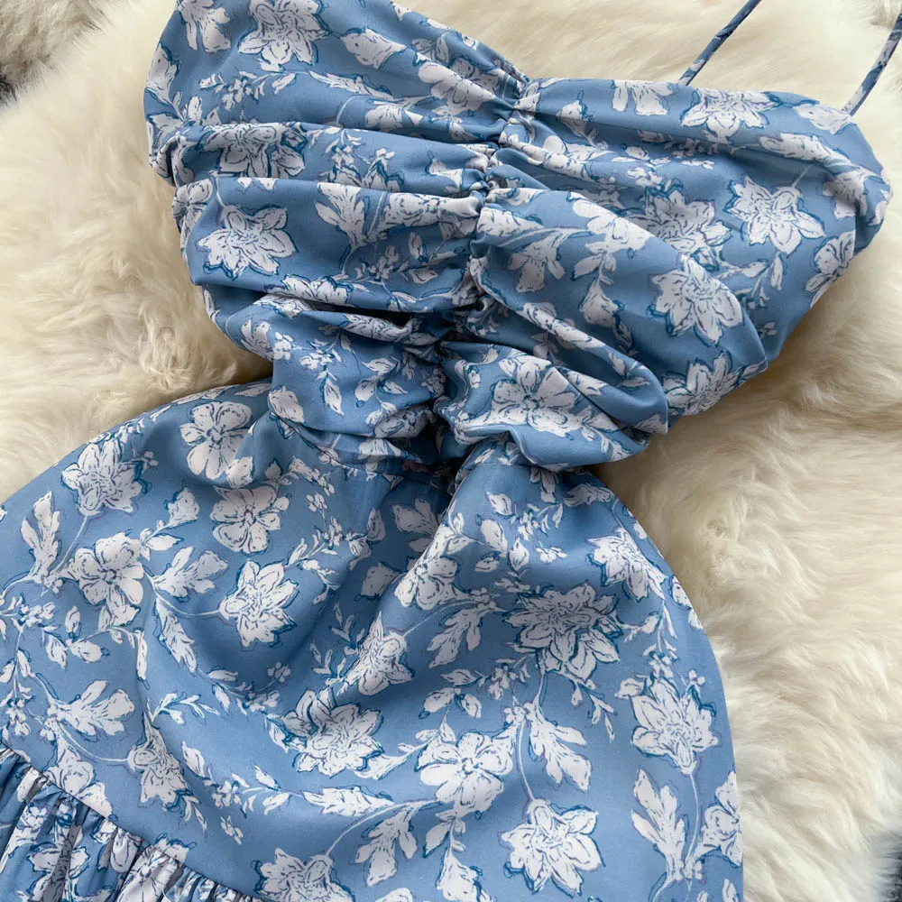 Backless Floral Printed Halter Dress