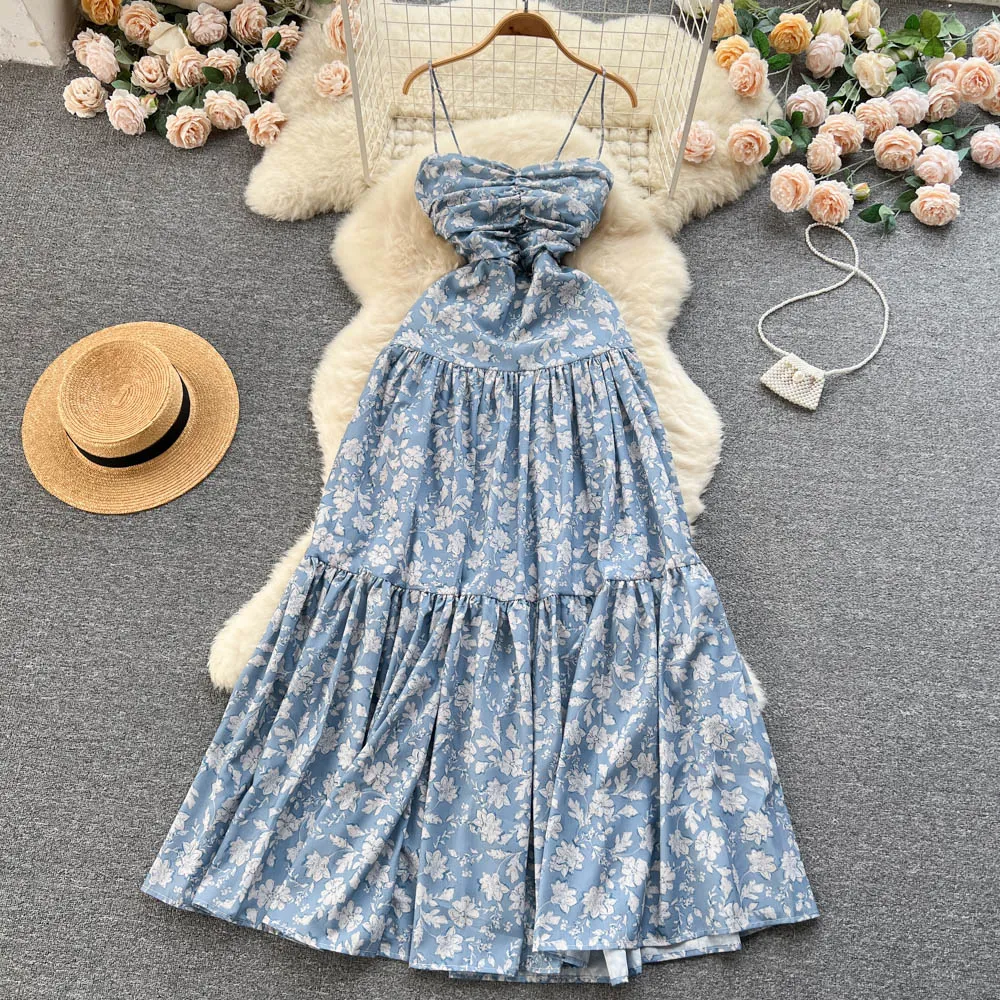 Backless Floral Printed Halter Dress