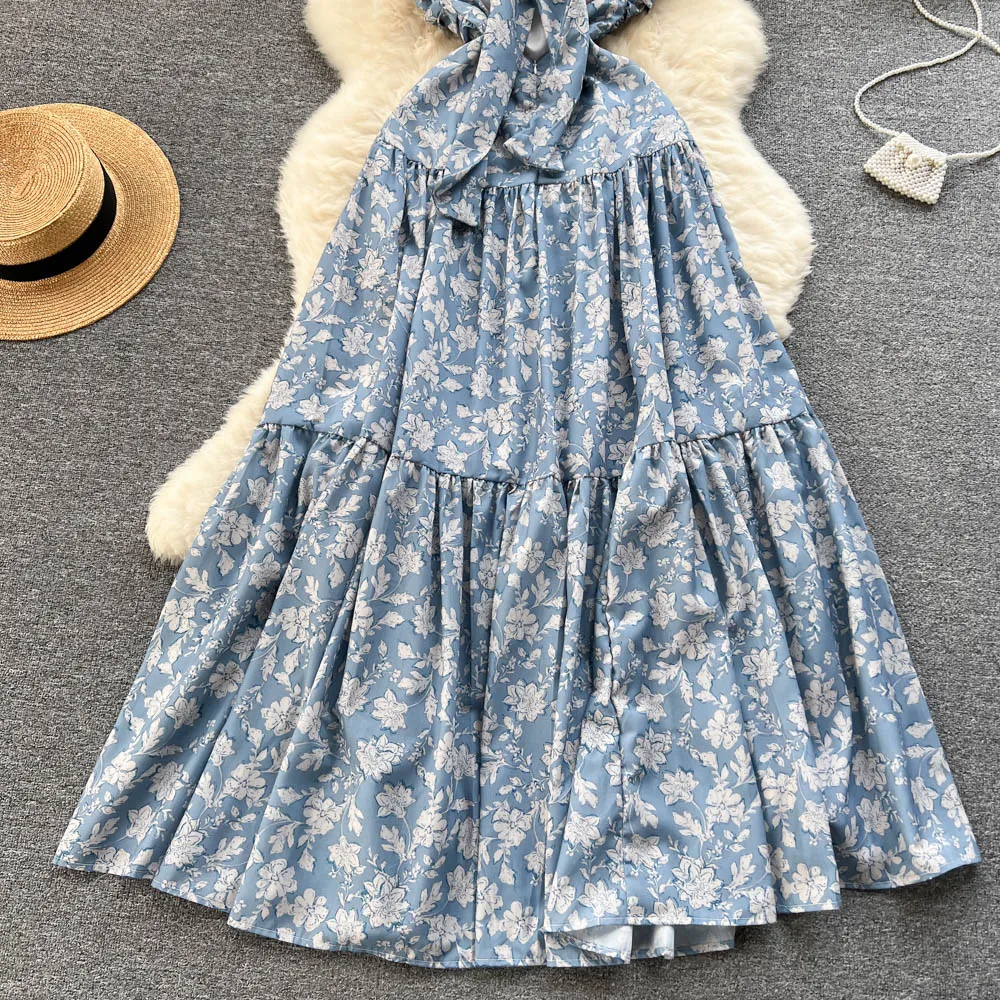 Backless Floral Printed Halter Dress