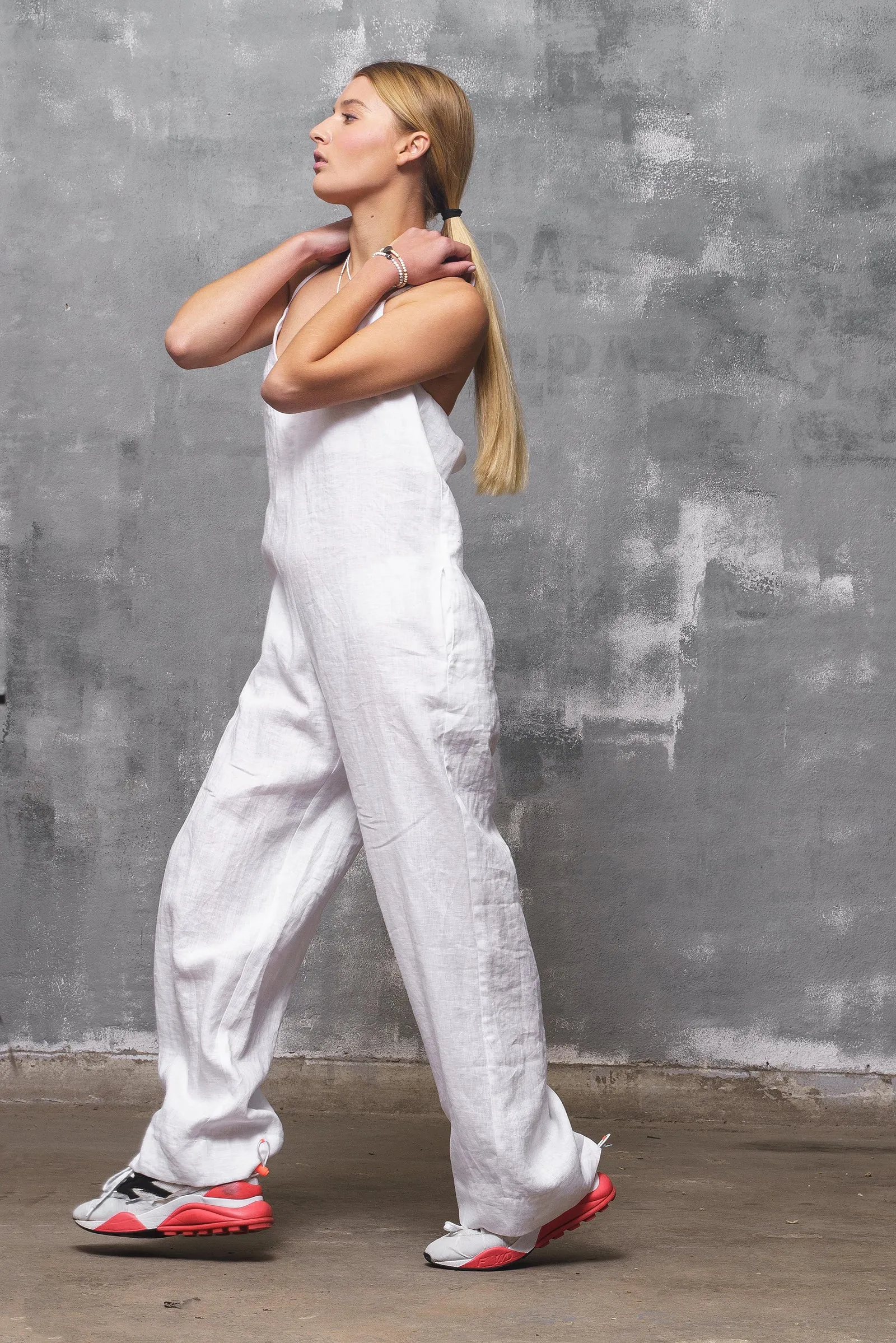 Backless White Linen Jumpsuit with Straps
