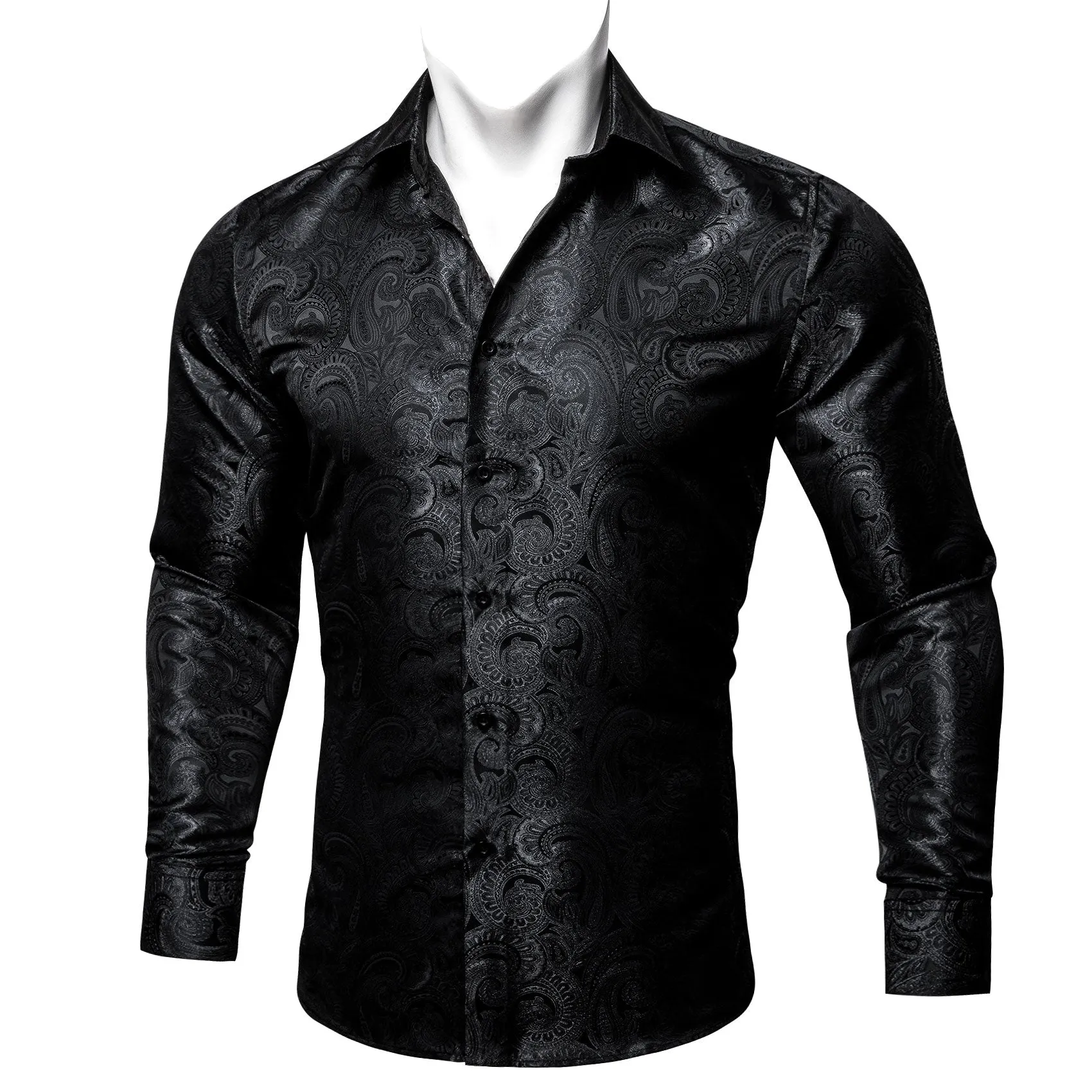 Barry Wang Button Up Shirts Luxury Black Paisley Silk Mens Dress Shirt