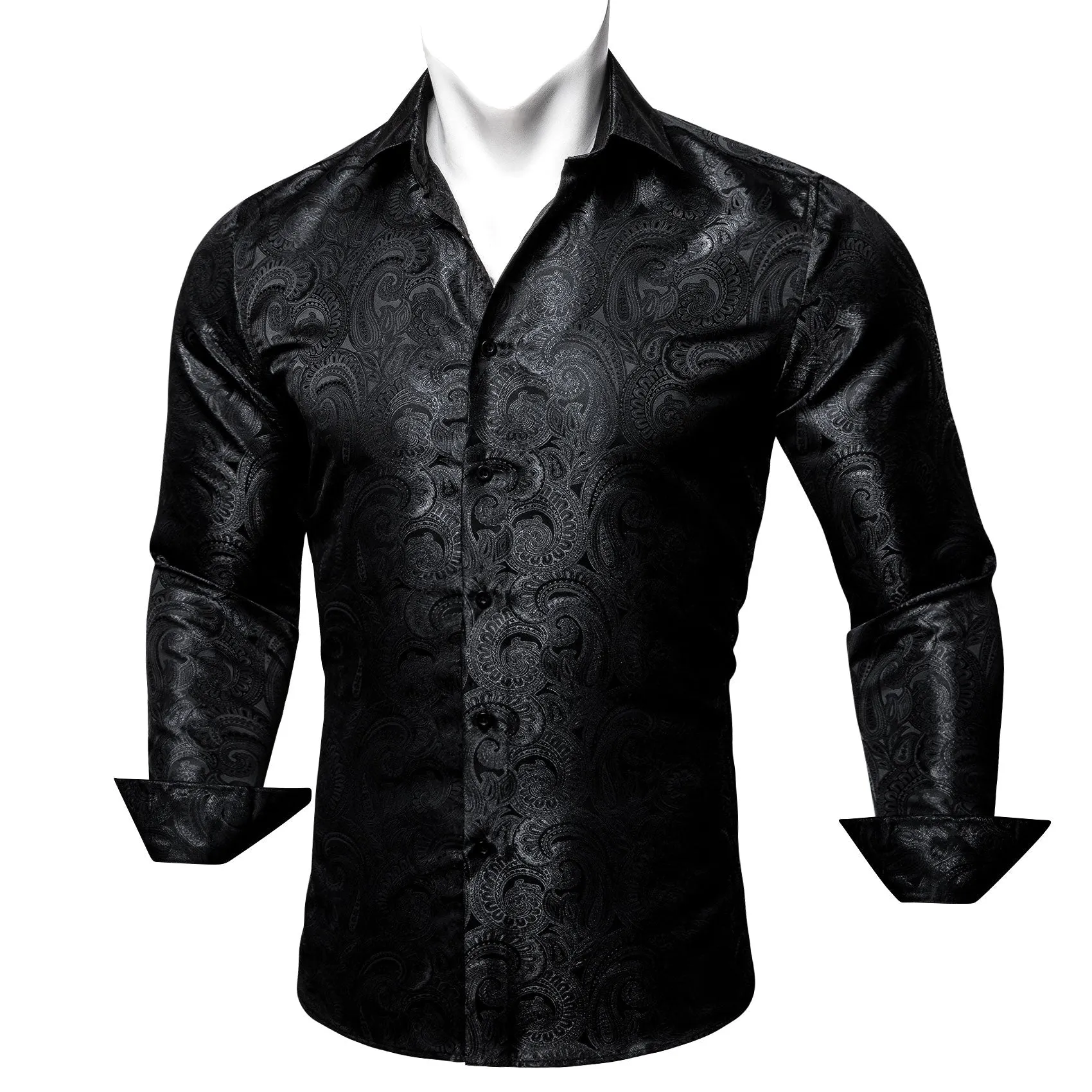 Barry Wang Button Up Shirts Luxury Black Paisley Silk Mens Dress Shirt