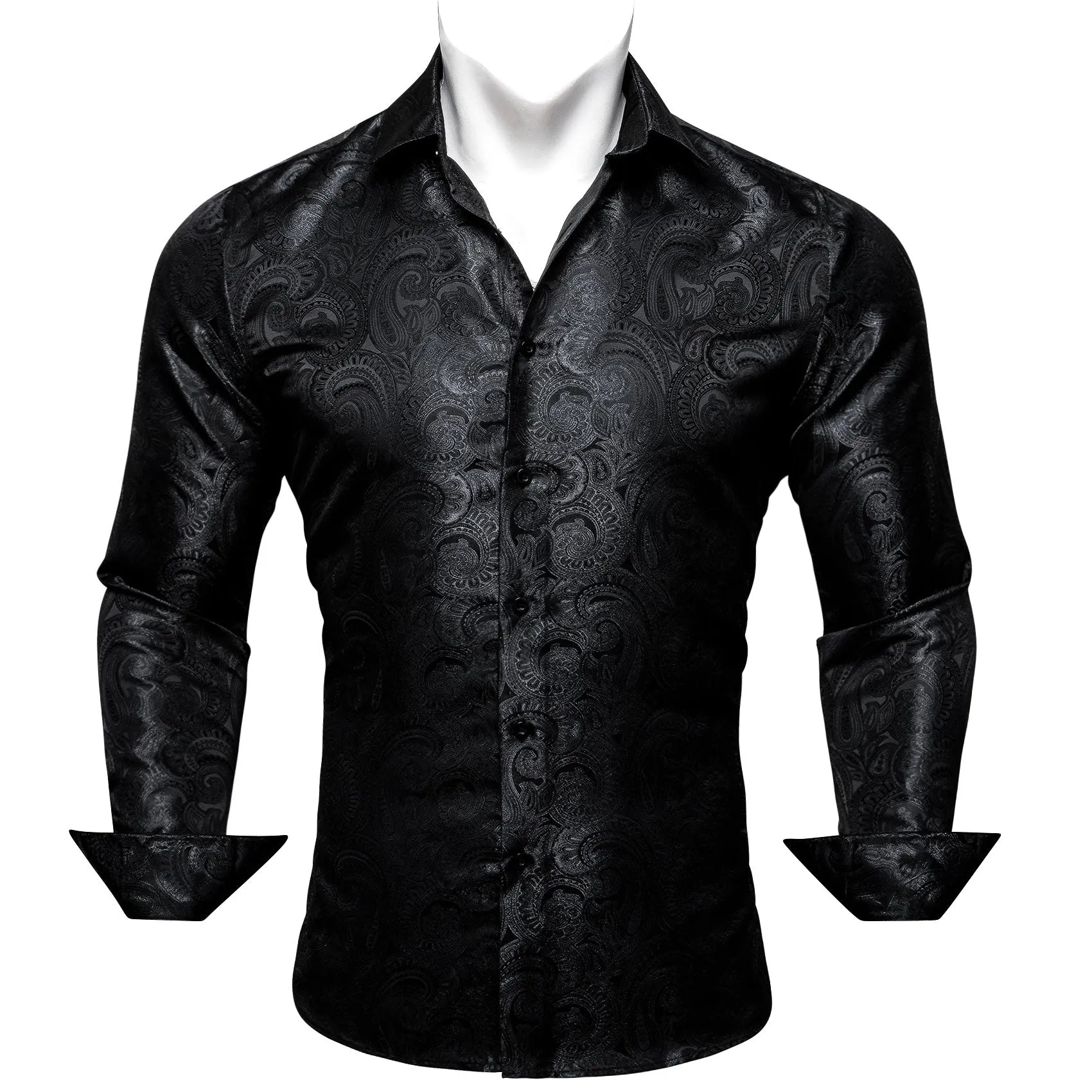 Barry Wang Button Up Shirts Luxury Black Paisley Silk Mens Dress Shirt
