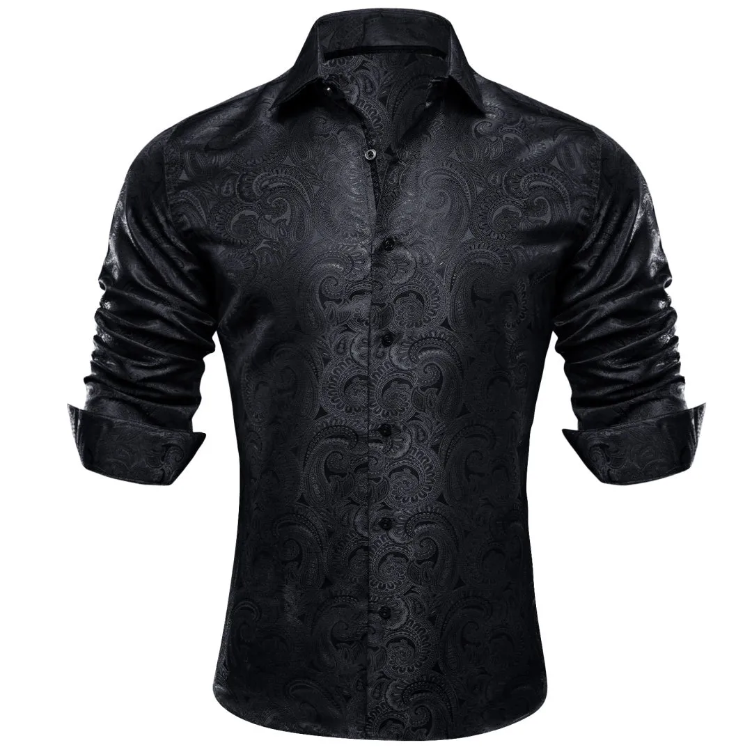 Barry Wang Button Up Shirts Luxury Black Paisley Silk Mens Dress Shirt