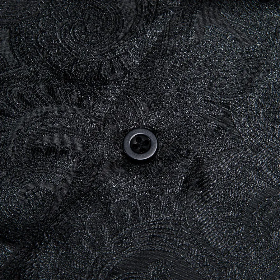 Barry Wang Button Up Shirts Luxury Black Paisley Silk Mens Dress Shirt