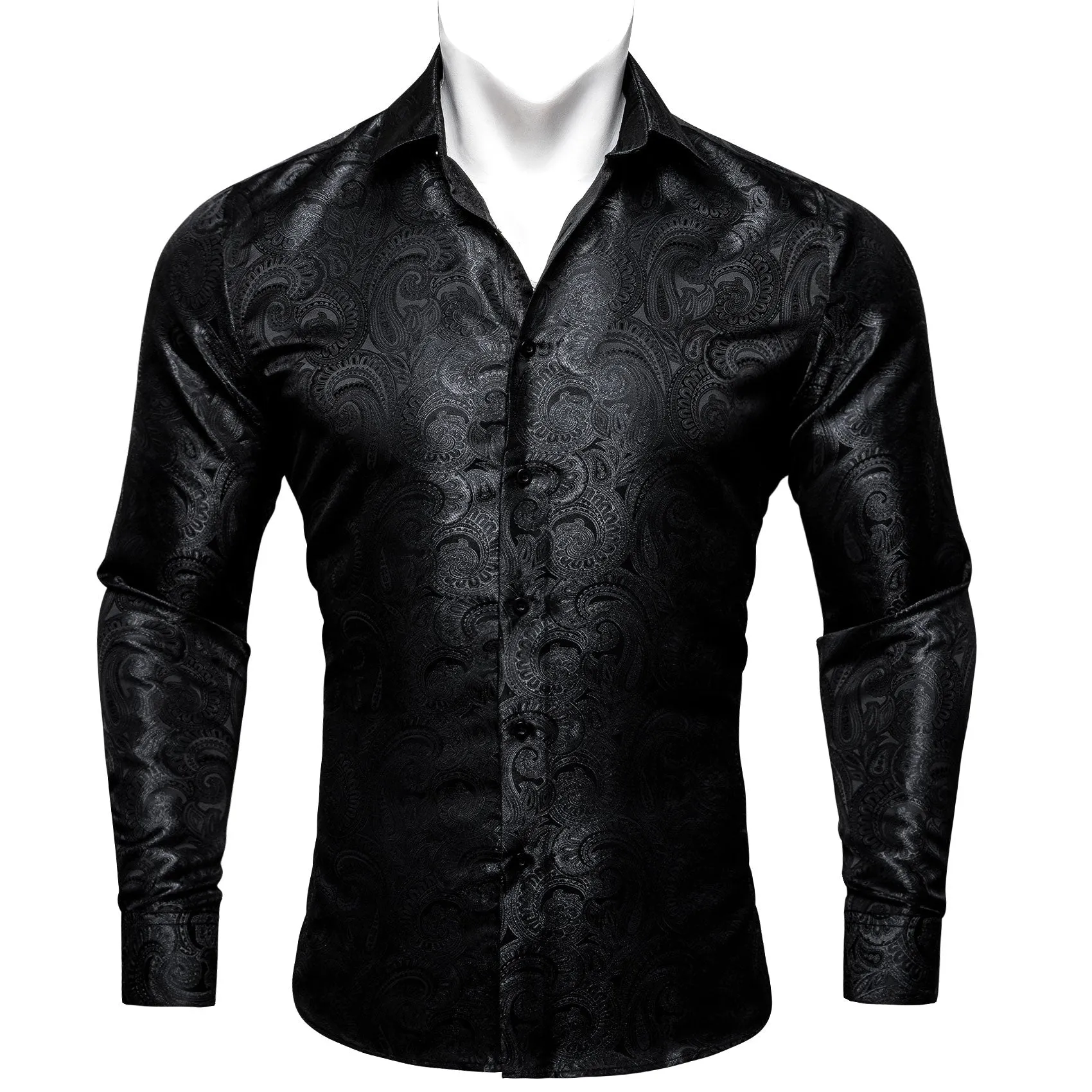 Barry Wang Button Up Shirts Luxury Black Paisley Silk Mens Dress Shirt