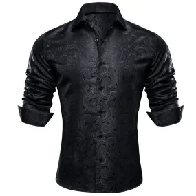 Barry Wang Button Up Shirts Luxury Black Paisley Silk Mens Dress Shirt