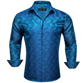 Barry Wang Dress Shirt Fashion Blue Purple Paisley Silk Men's Shirt
