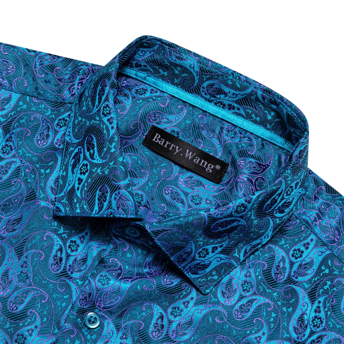 Barry Wang Dress Shirt Fashion Blue Purple Paisley Silk Men's Shirt