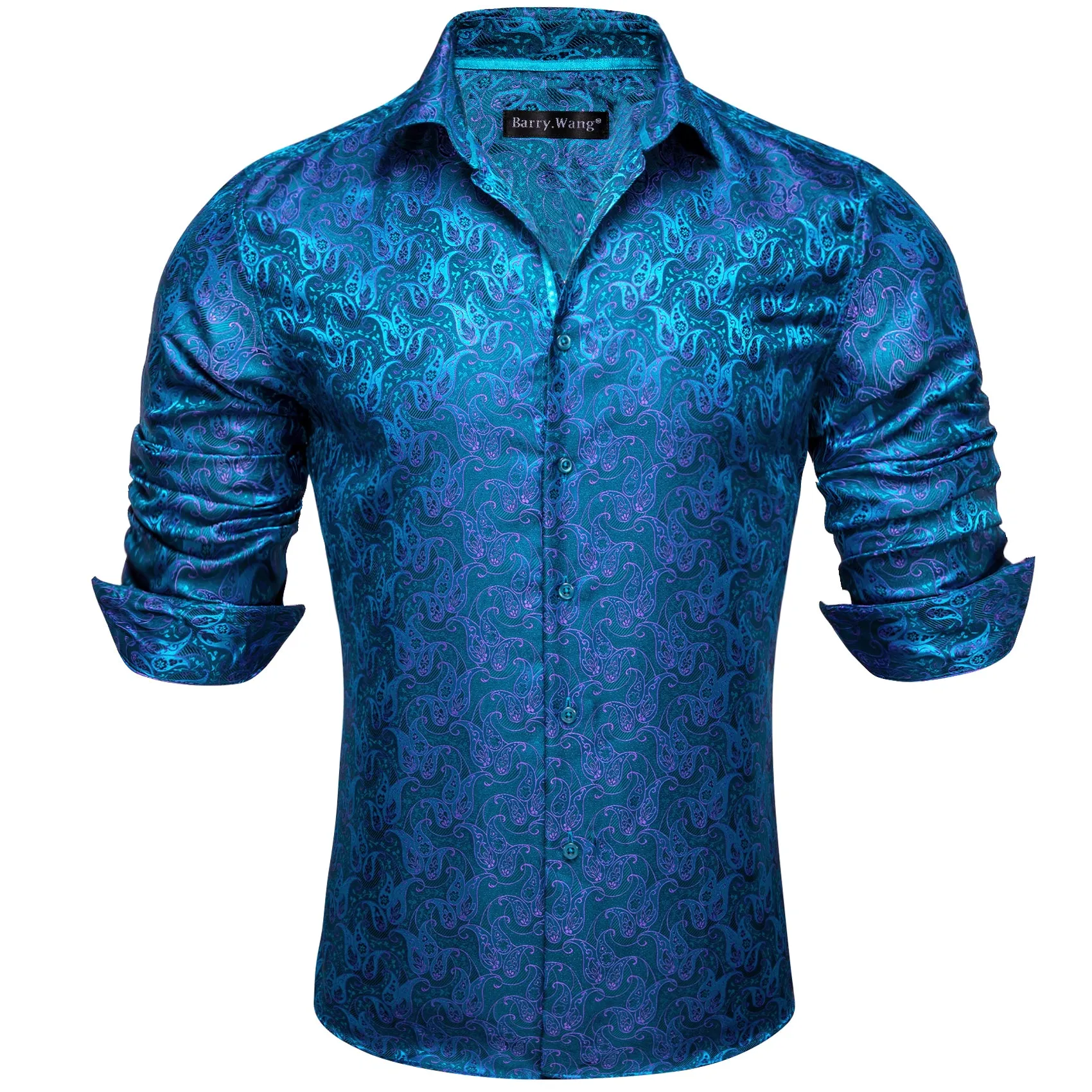 Barry Wang Dress Shirt Fashion Blue Purple Paisley Silk Men's Shirt