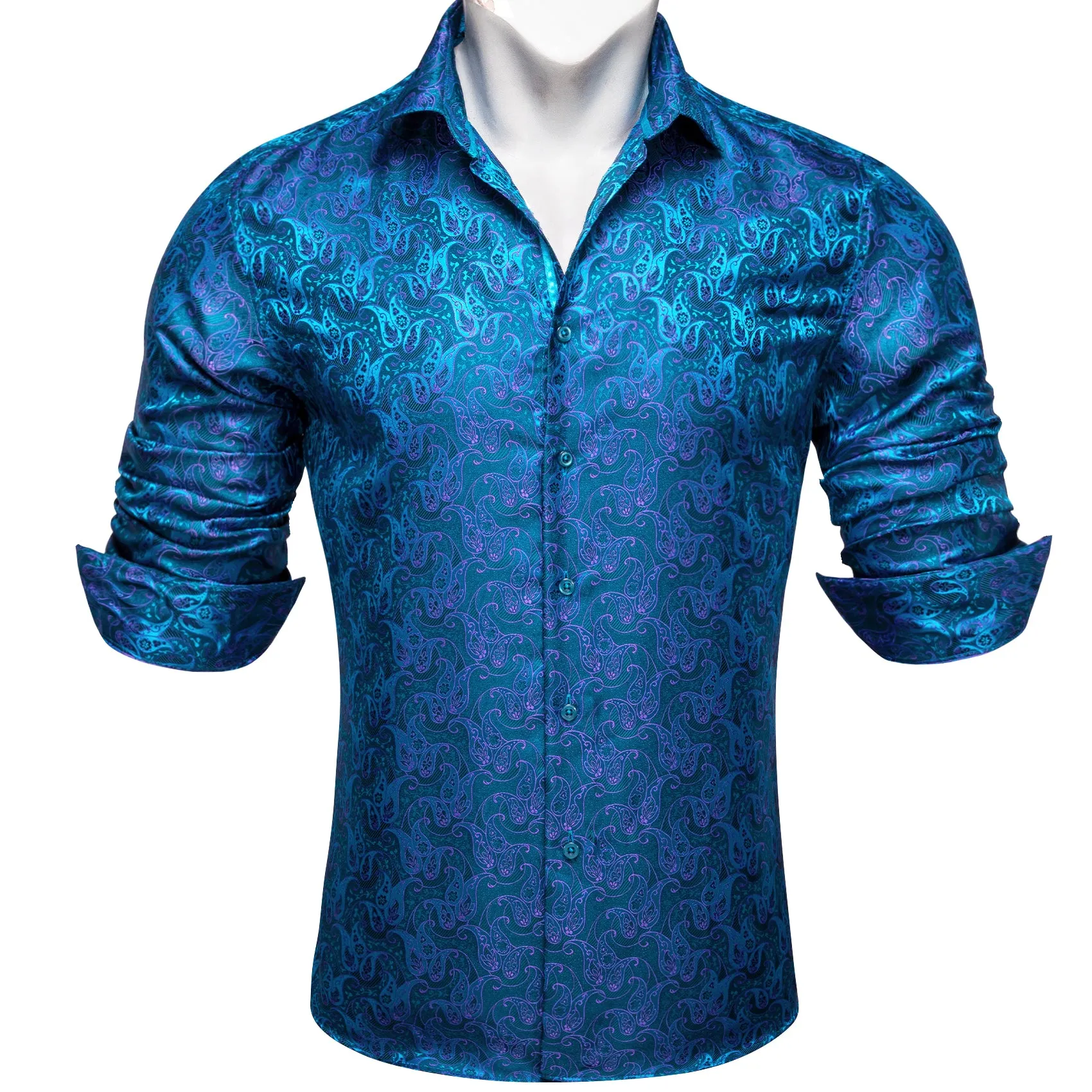 Barry Wang Dress Shirt Fashion Blue Purple Paisley Silk Men's Shirt
