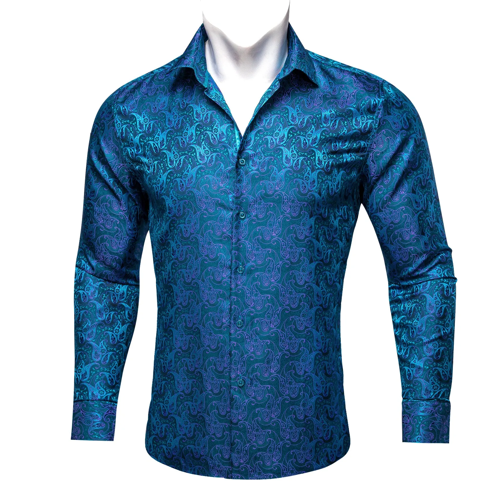 Barry Wang Dress Shirt Fashion Blue Purple Paisley Silk Men's Shirt