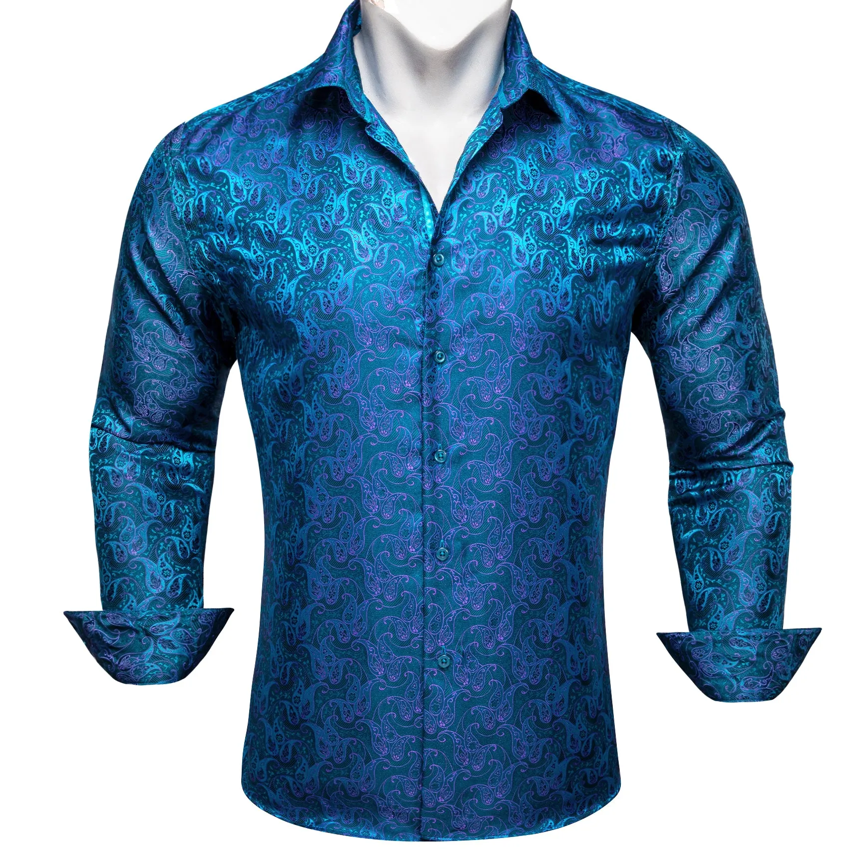 Barry Wang Dress Shirt Fashion Blue Purple Paisley Silk Men's Shirt