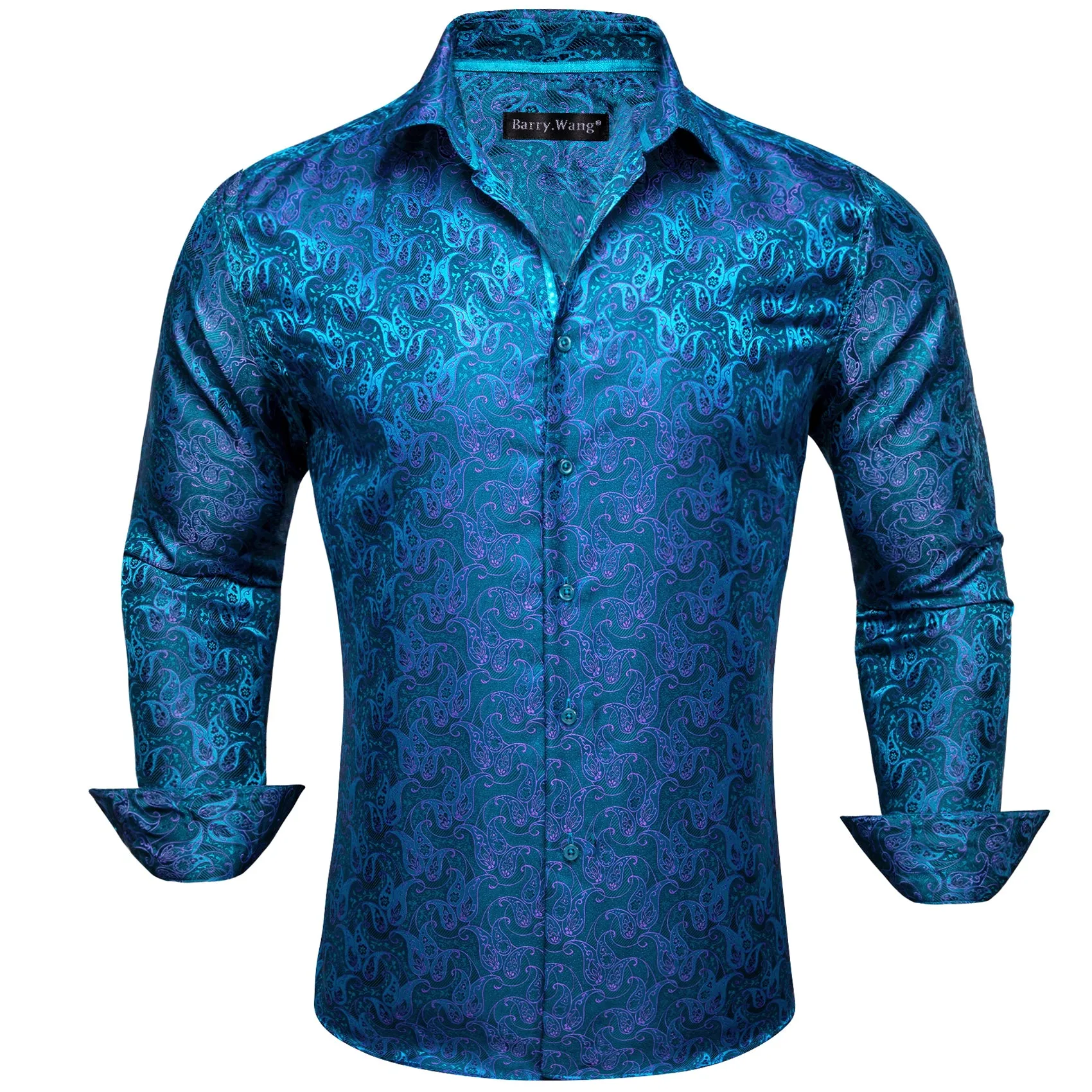 Barry Wang Dress Shirt Fashion Blue Purple Paisley Silk Men's Shirt
