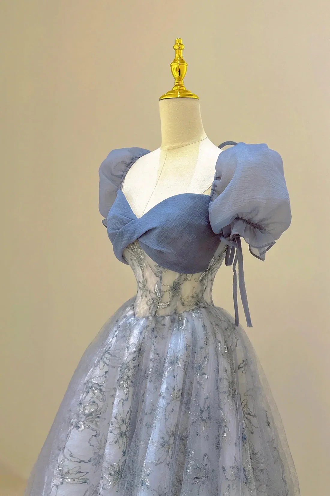 Beautiful Tulle Lace Long Prom Dress, Blue Short Sleeve Evening Dress