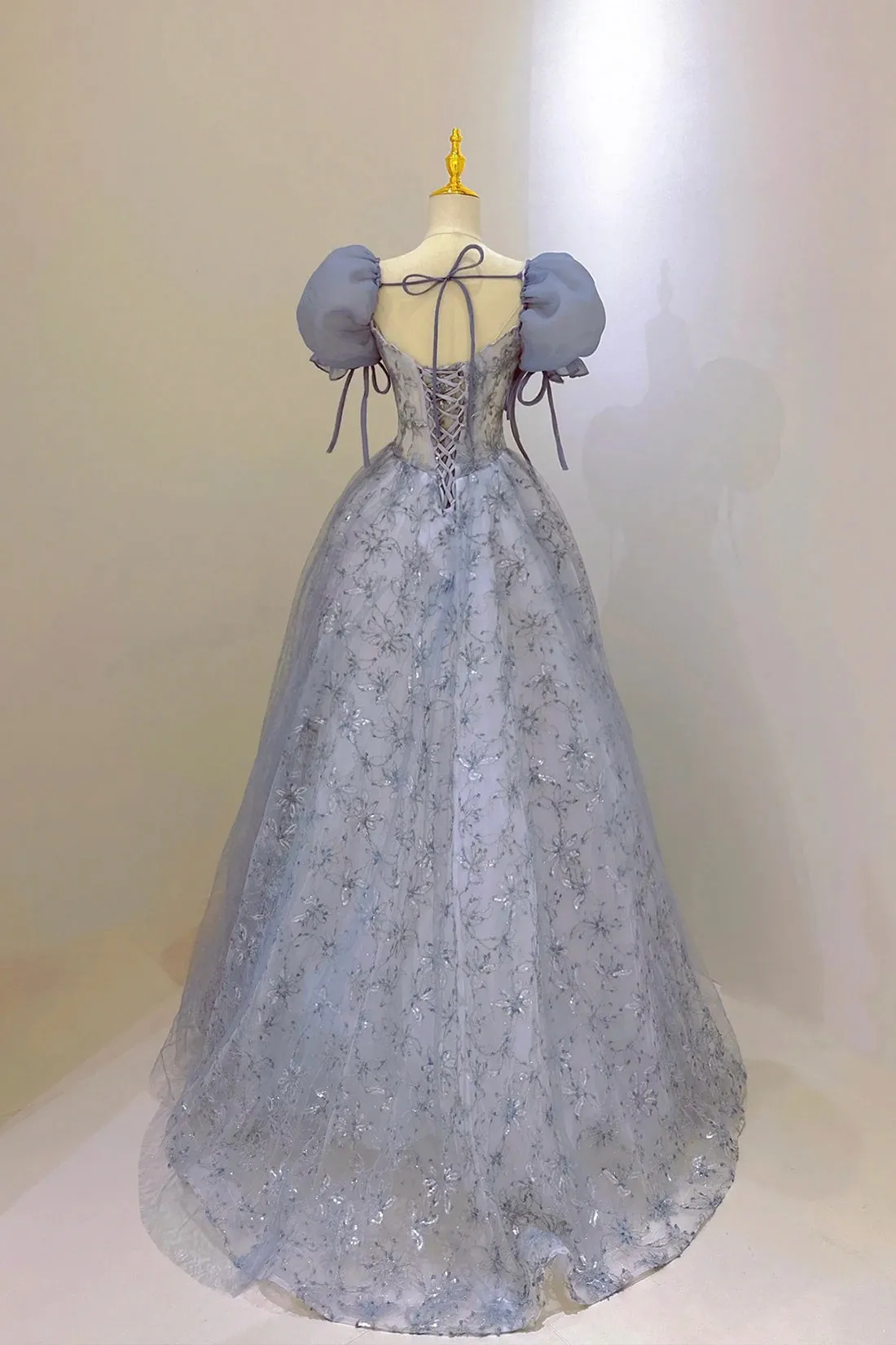 Beautiful Tulle Lace Long Prom Dress, Blue Short Sleeve Evening Dress