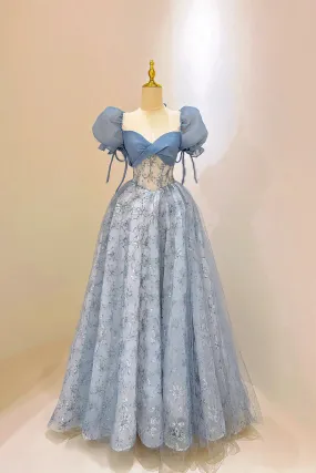 Beautiful Tulle Lace Long Prom Dress, Blue Short Sleeve Evening Dress