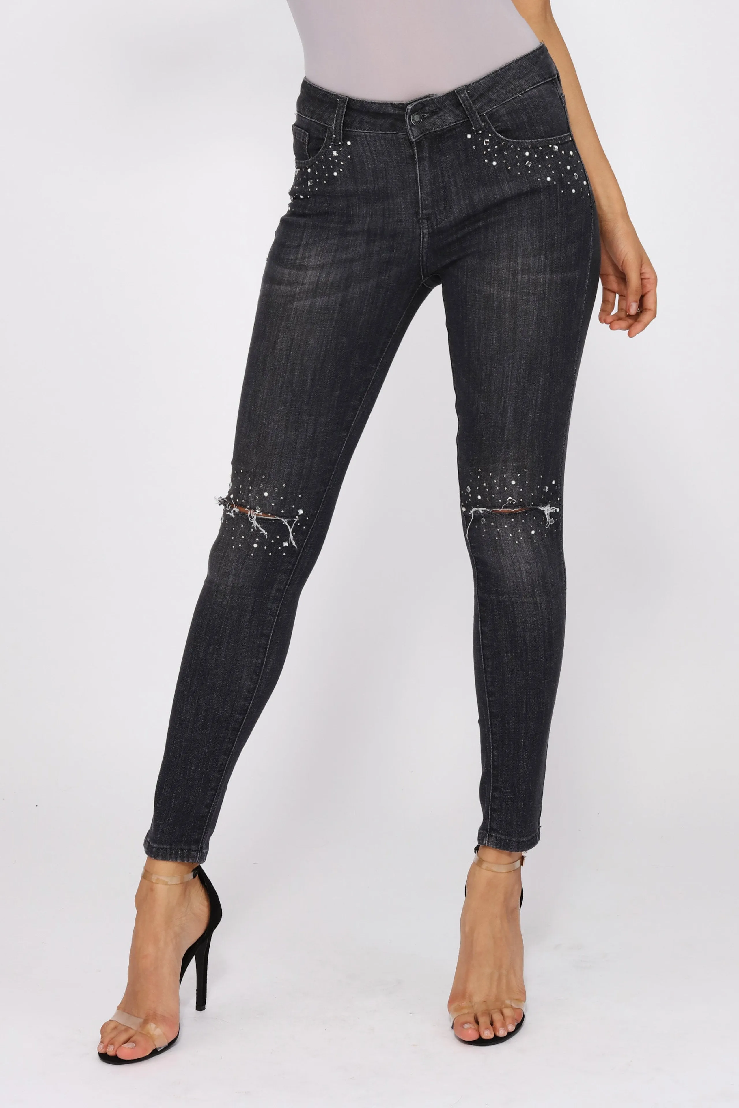 Black Sequin Trim Distressed Jeans